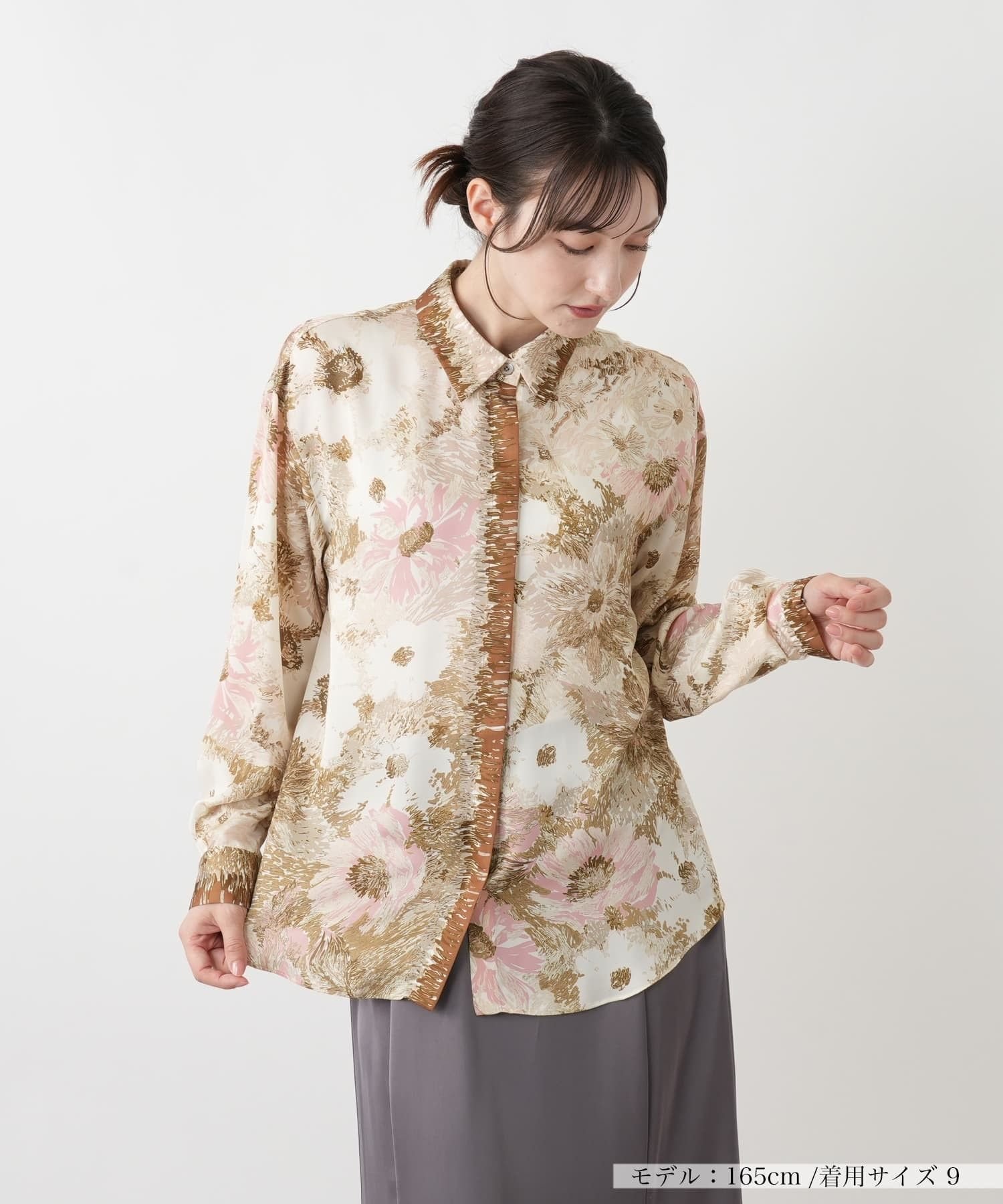 Leilian プリント比翼ブラウス レリアン トップス シャツ・ブラウス グリーン ベージュ