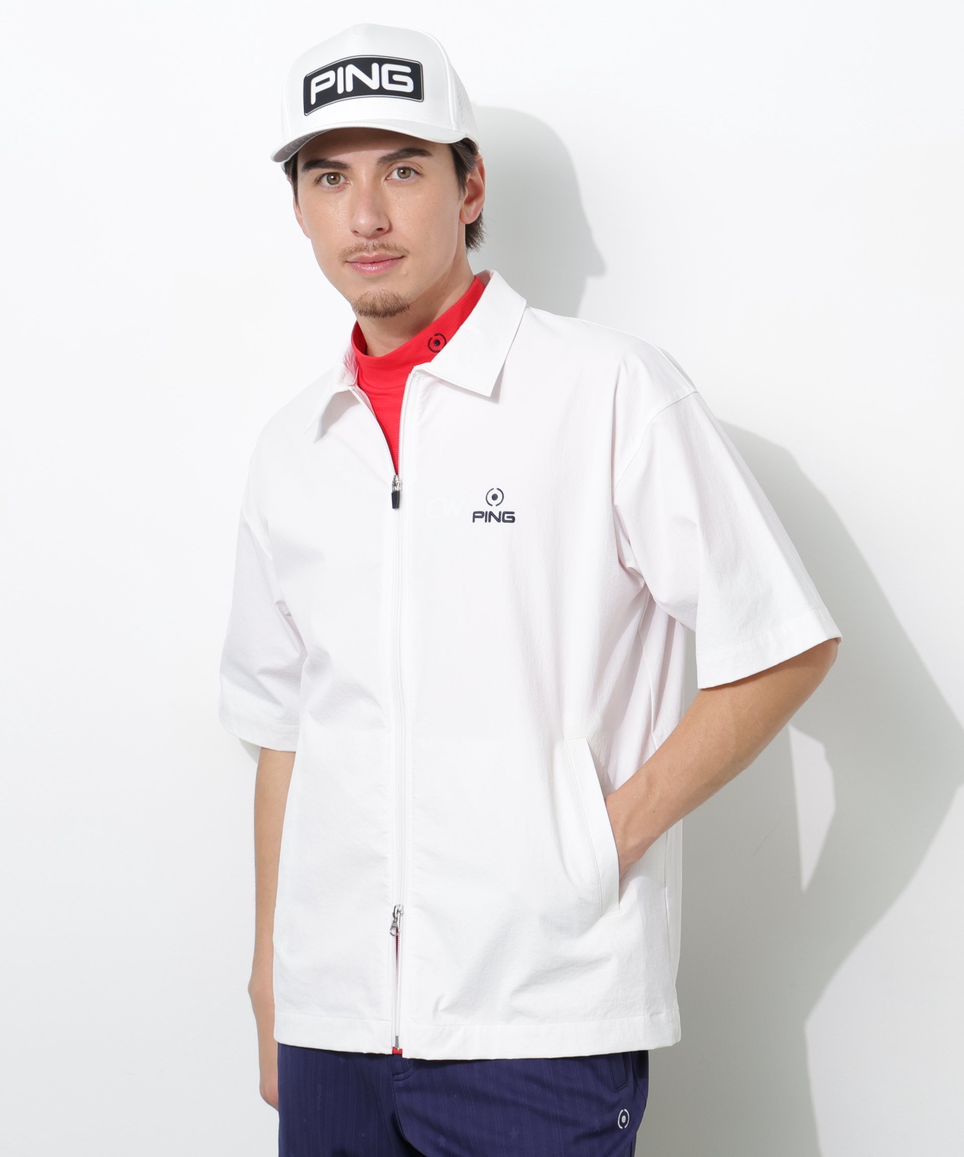 乐天商城 - PING APPAREL ストレッチリップストップ半袖フルジップシャツ ＜NATIVE＞ (MENS) ピン アパレル トップス シャツ・ブラウス ネイビー ホワイト ベージュ レッド【送料無料】