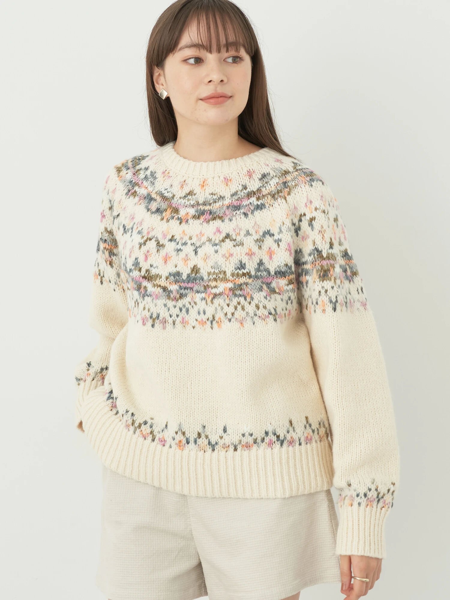 【SALE／50 OFF】earth music ecology スラブヤーンノルディックプルオーバー ニット/レディース/23AW アースミュージック エコロジー トップス ニット ホワイト ブルー ネイビー