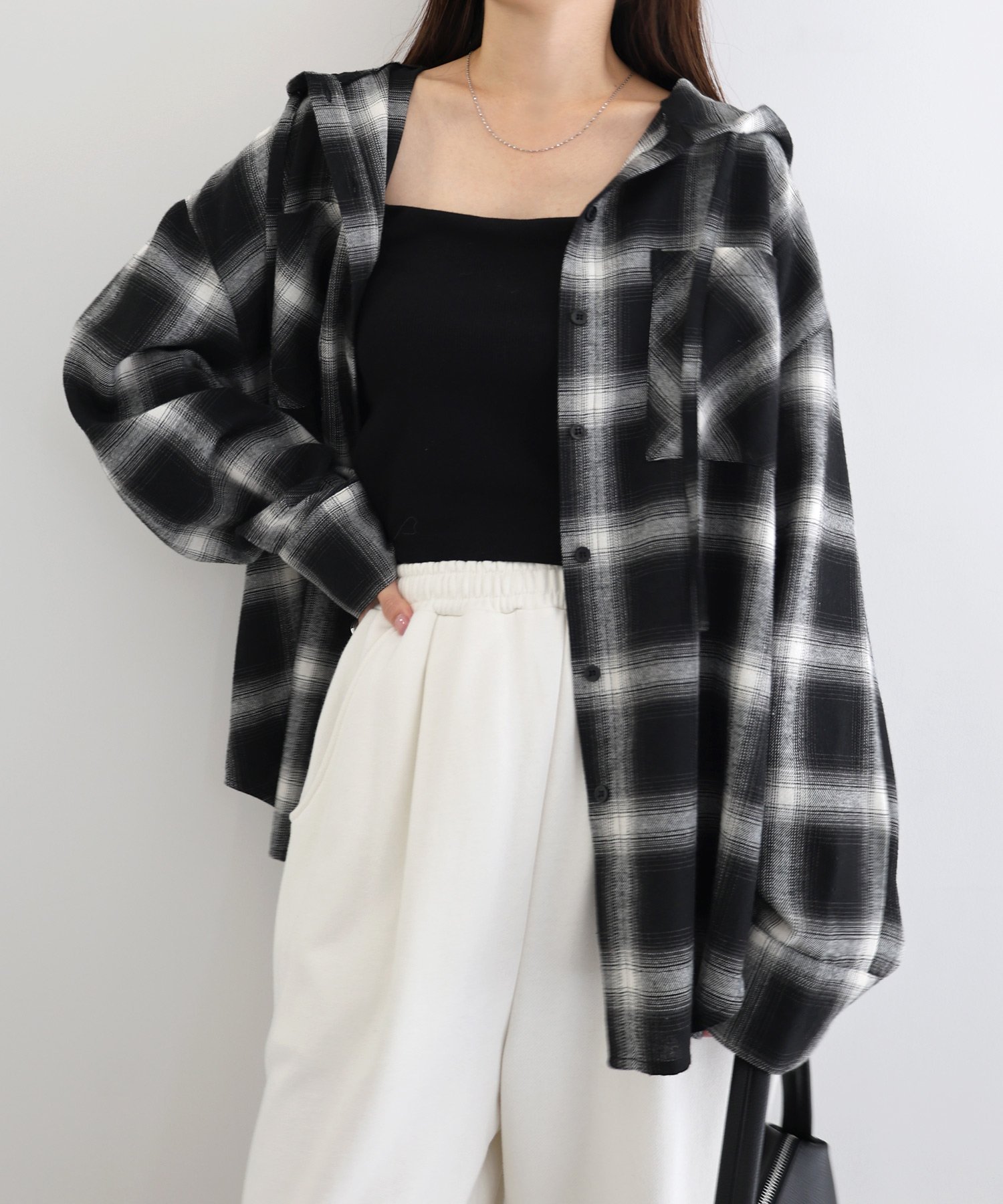 andme フーディ チェック シャツ ブラウス アンドミー トップス シャツ・ブラウス ホワイト ブラック ブラウン【送料無料】のサムネイル