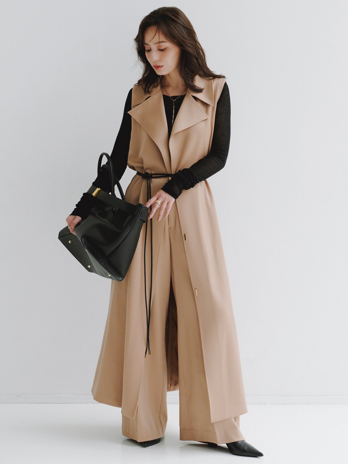 anuans グロスウールロングジレ アニュアンス トップス ベスト・ジレ ベージュ【送料無料】