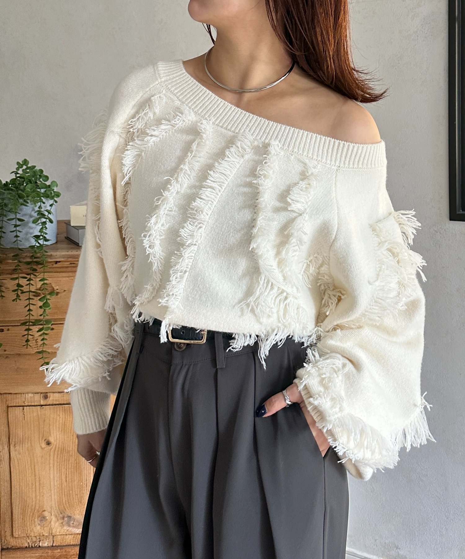 Thevon. ウェーブフリンジショートニット ゼヴォン トップス ニット ブラック ブラウン ホワイト ブルー【送料無料】