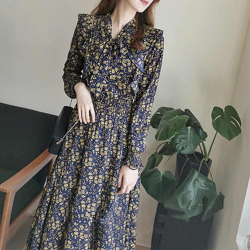 miniministore 小花柄ボウタイワンピース ハイウエスト ミニミニストア ワンピース・ドレス ワンピース ネイビー ベージュ イエロー