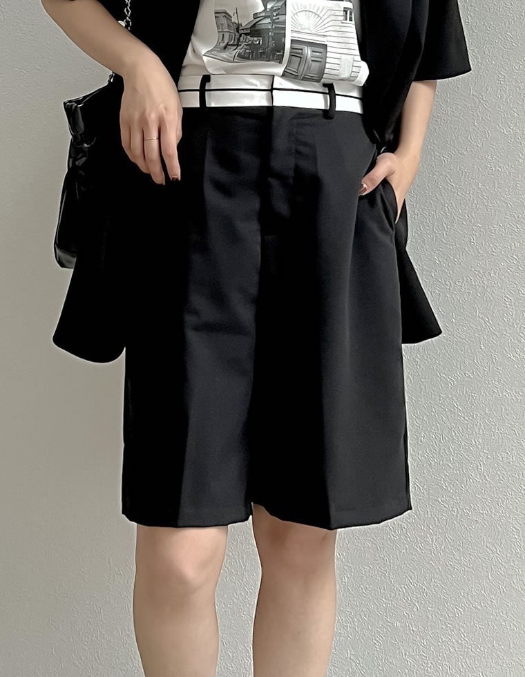 Nylon, Rayon, Polyester - Re:EDIT ライトツイルマーベルトウエストデザインショートパンツ リエディ パンツ その他のパンツ ブラック グレー ベージュ ホワイト【送料無料】