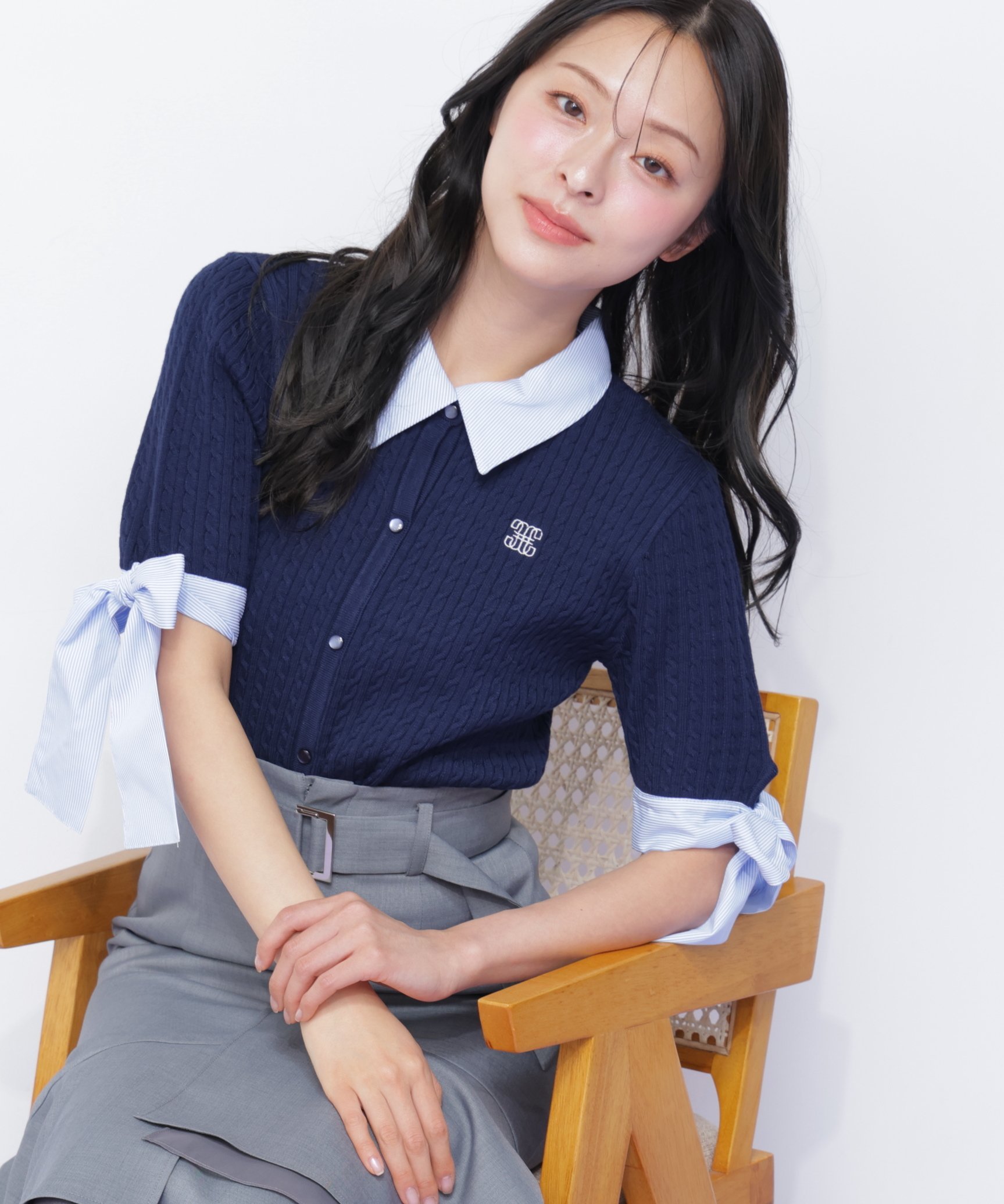 JILL by JILL STUART 袖リボンケーブルカーディガン半袖 ジル バイ ジル スチュアート トップス ニット ホワイト グレー ネイビー【送料無料】