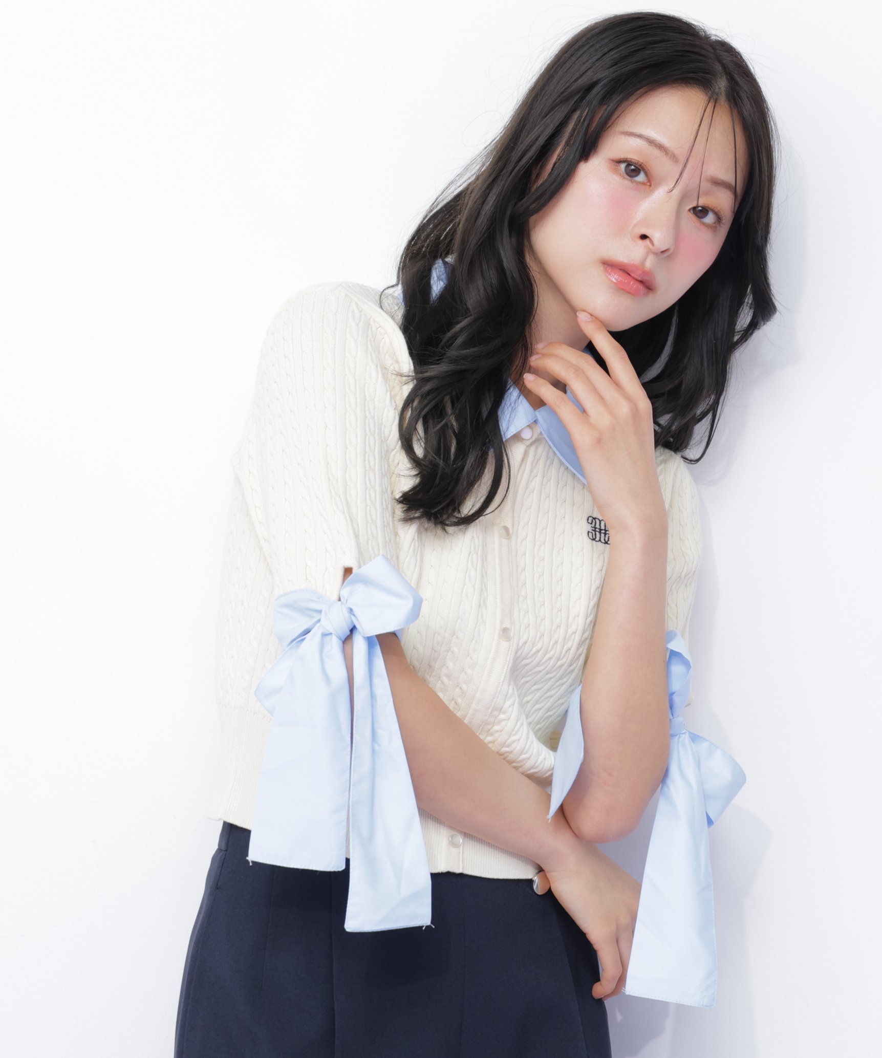 JILL by JILL STUART 袖リボンケーブルカーディガン半袖 ジル バイ ジル スチュアート トップス ニット ホワイト グレー ネイビー