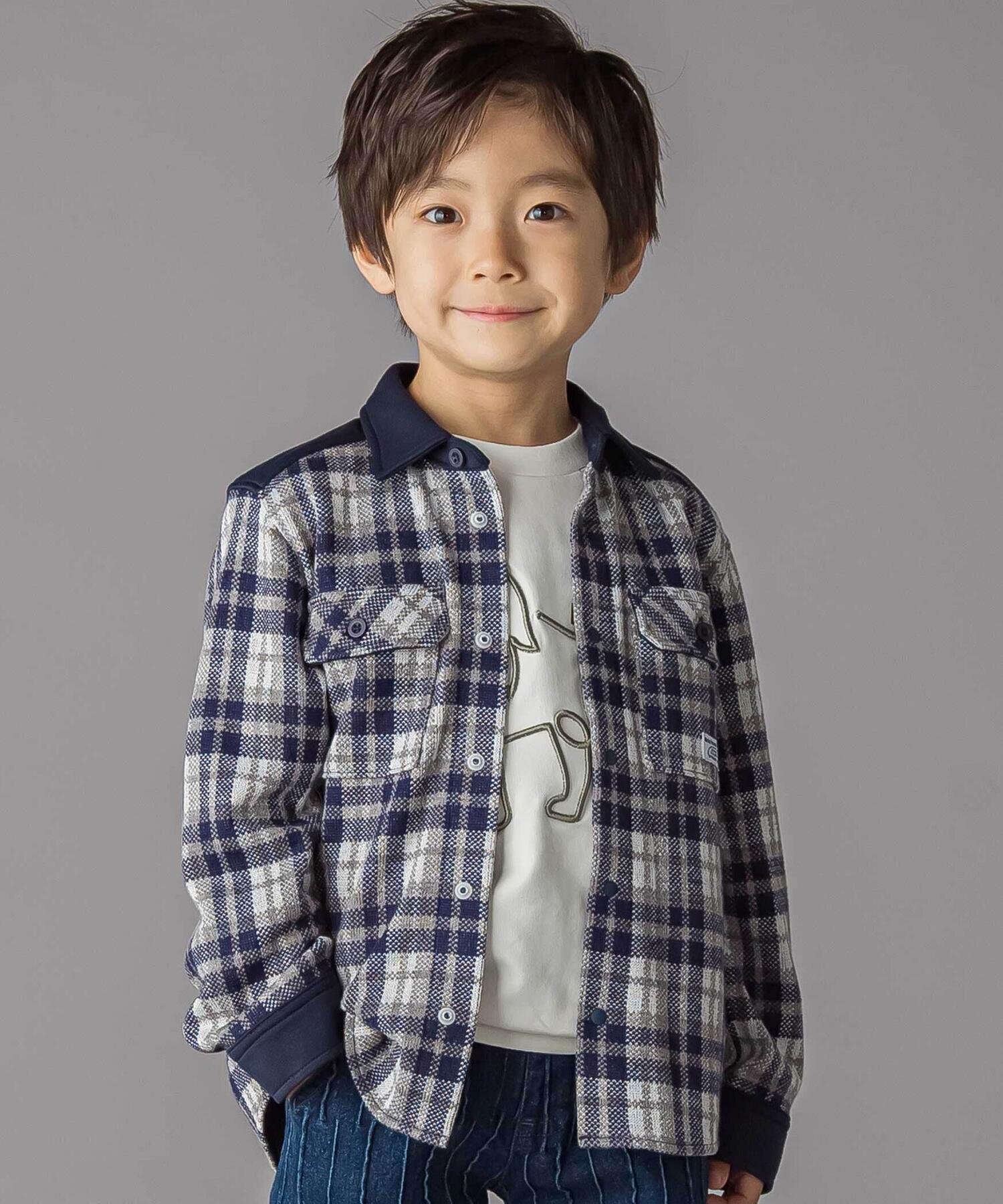 BeBe Petits Pois Vert 配色切り替えニットチェックシャツ(95~150cm) ベベ オンライン ストア トップス..