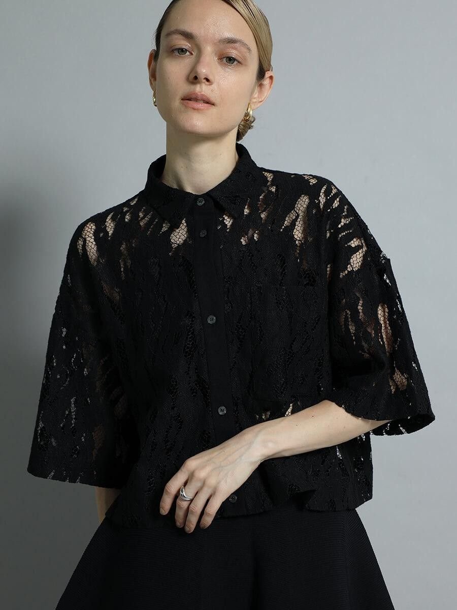 AgaBLACK オーガニックコットンレースシャツブラウス ラシュッド トップス シャツ・ブラウス ブラック..