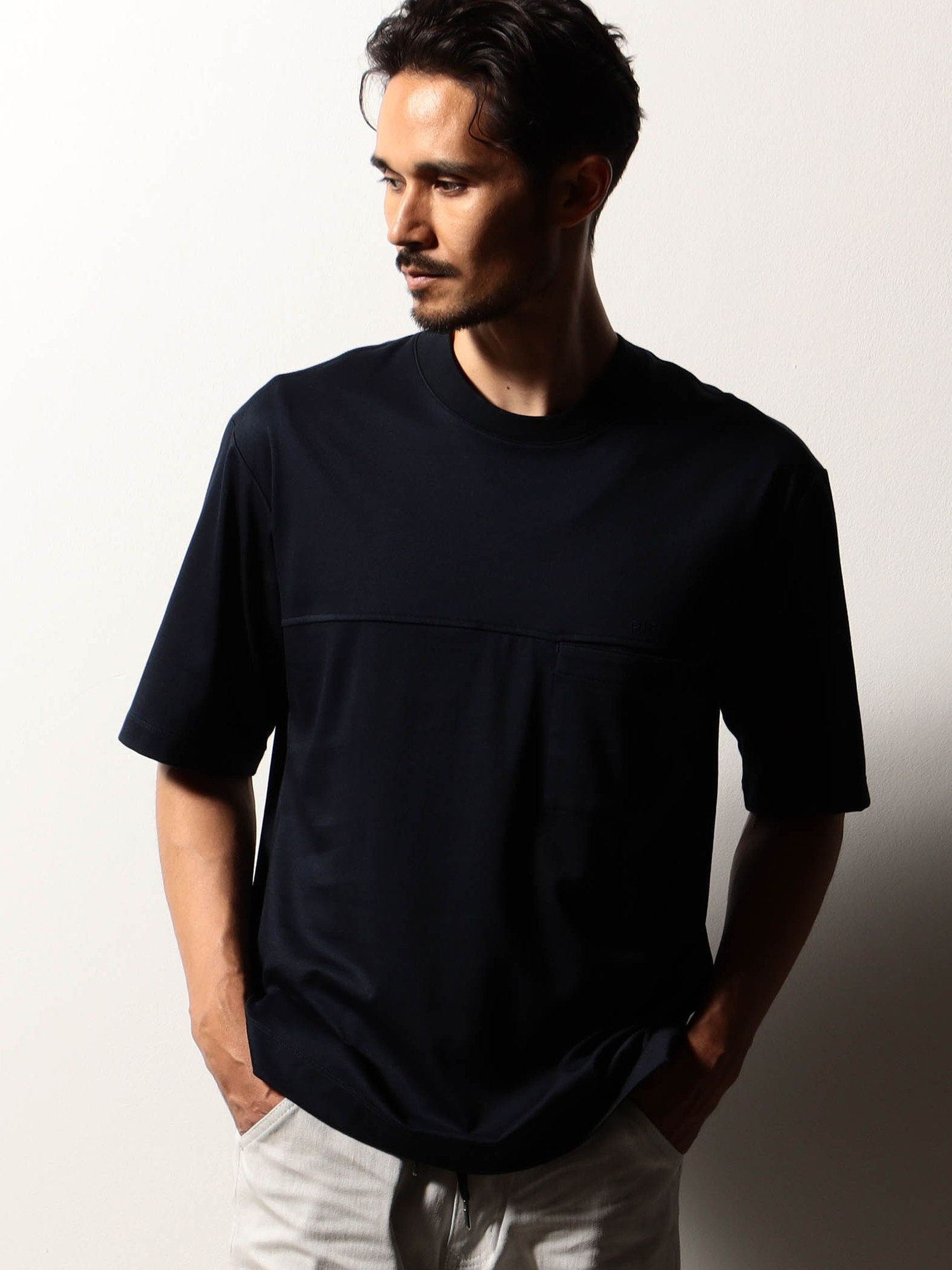 NICOLE CLUB FOR MEN 【RIELABO】ドレスクルーネックカットソー(日本製) ニコル トップス カットソー・Tシャツ ネイビー ホワイト