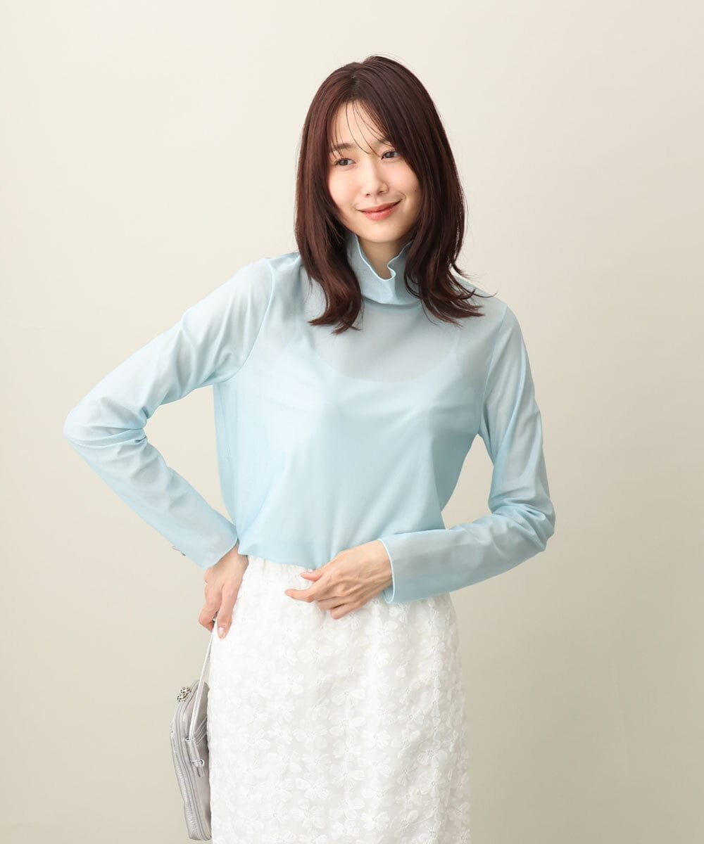 MK MICHEL KLEIN キラキラシアーハイネックカットソー/洗える エムケーミッシェルクラン トップス カットソー・Tシャツ ホワイト ブルー グレー