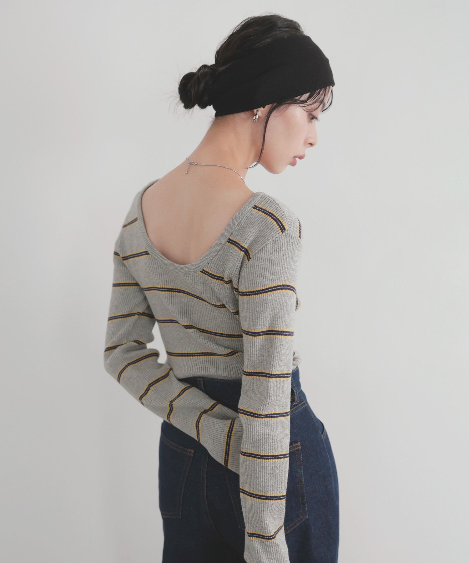 LIAN ボーダーバックオープンプルオーバー リアン トップス ニット グレー ネイビー ホワイト ブラウン【送料無料】のサムネイル