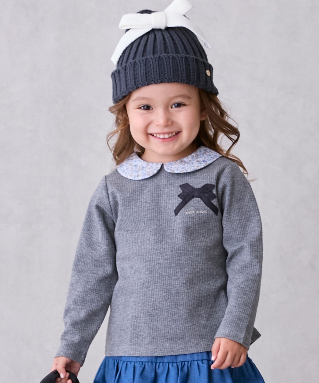 petit main 【リンク】衿つきリボン長袖Tシャツ ナルミヤオンライン トップス カットソー・Tシャツ ピンク ホワイト グレーのサムネイル