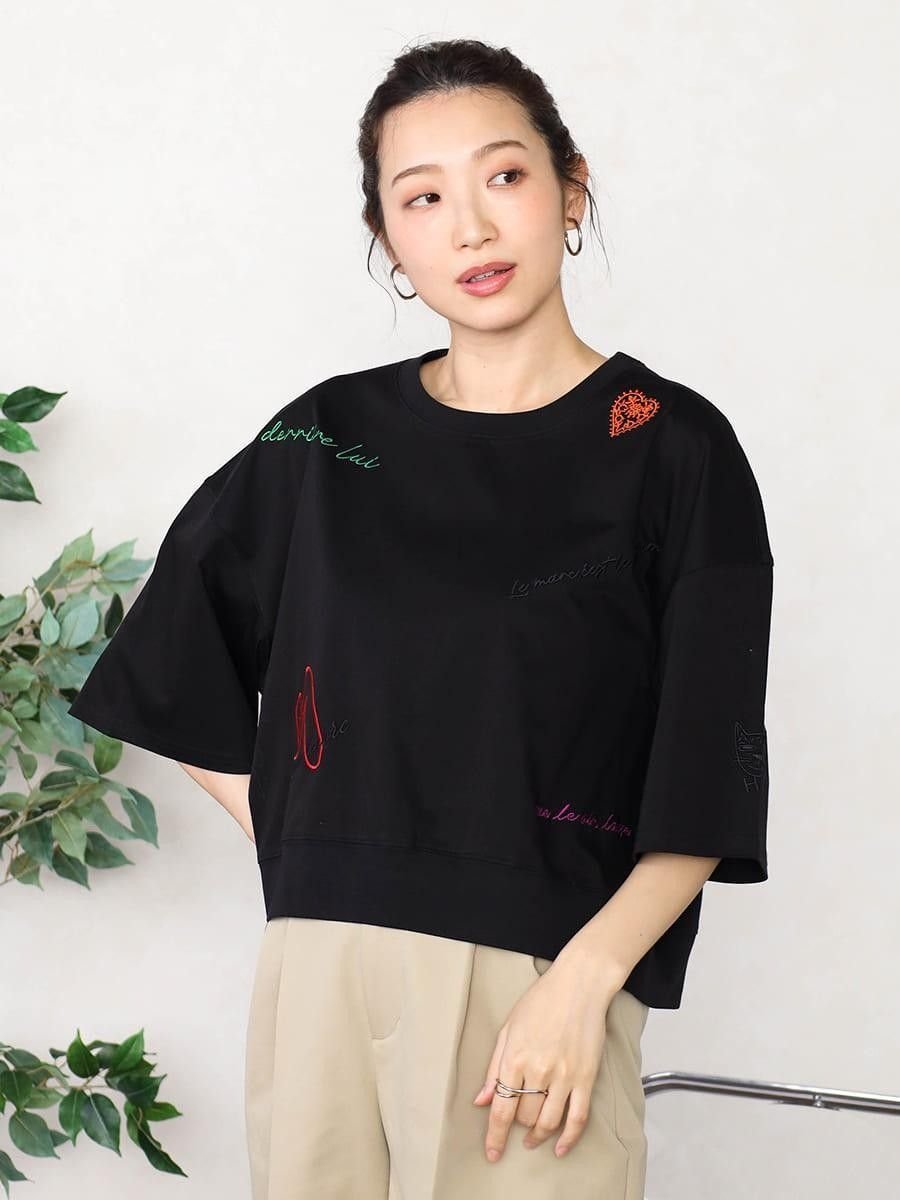 Vin ランダムレター刺繍Tシャツ ヴァン トップス カットソー・Tシャツ グレー ホワイト ブラック