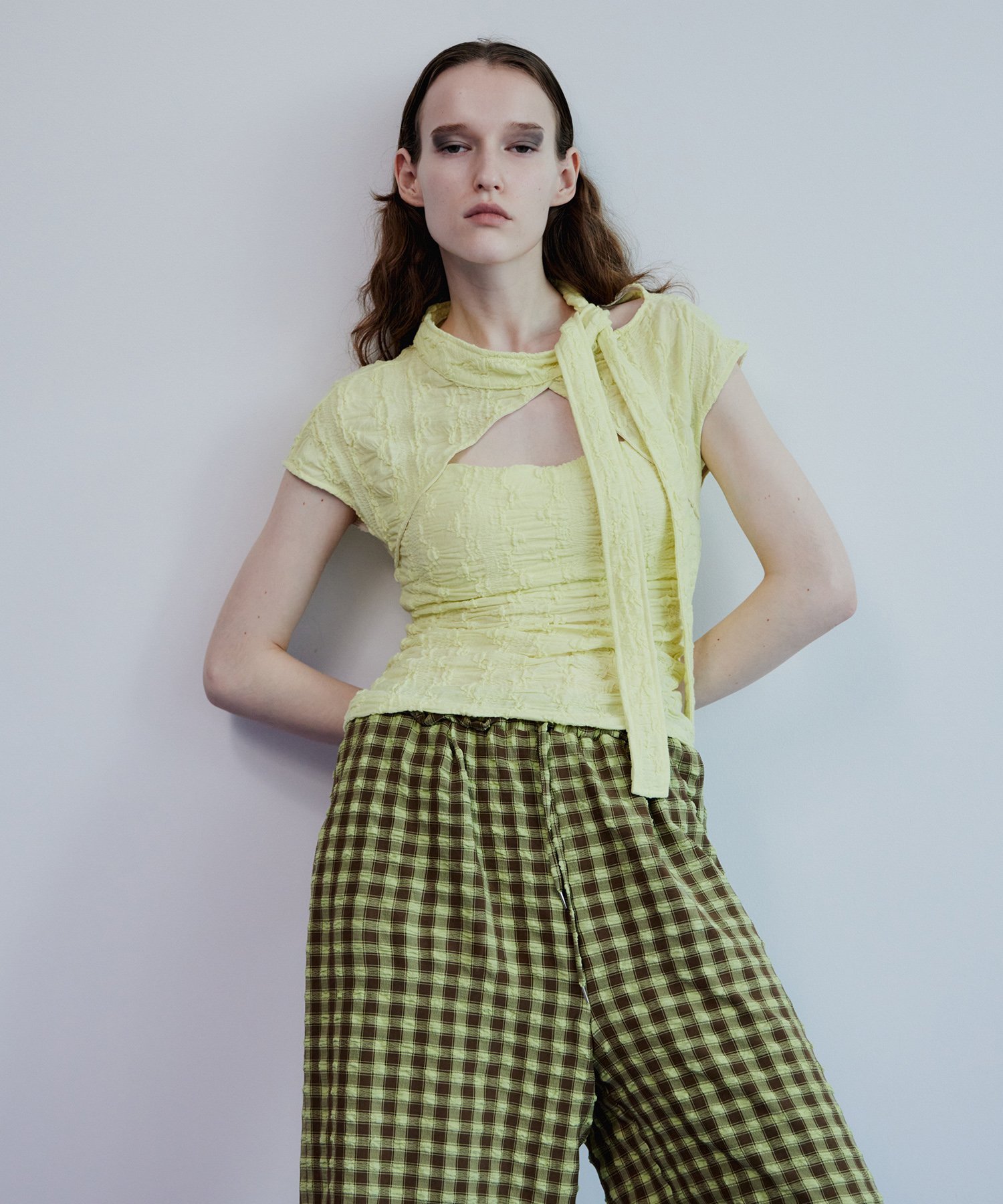 MAISON SPECIAL Cut-out Bow-tie Bore-ro-re-layer Top/カットアウトボウタイボレロレイヤードトップ メゾンスペシャル トップス カットソー・Tシャツ グレー ホワイト