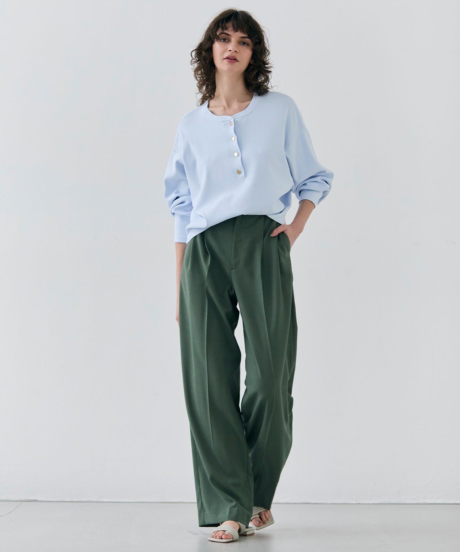 , 【GISELe 6月号掲載】OREGANO / サマーウールタックワイドパンツ ベイジ, パンツ その他のパンツ グリーン