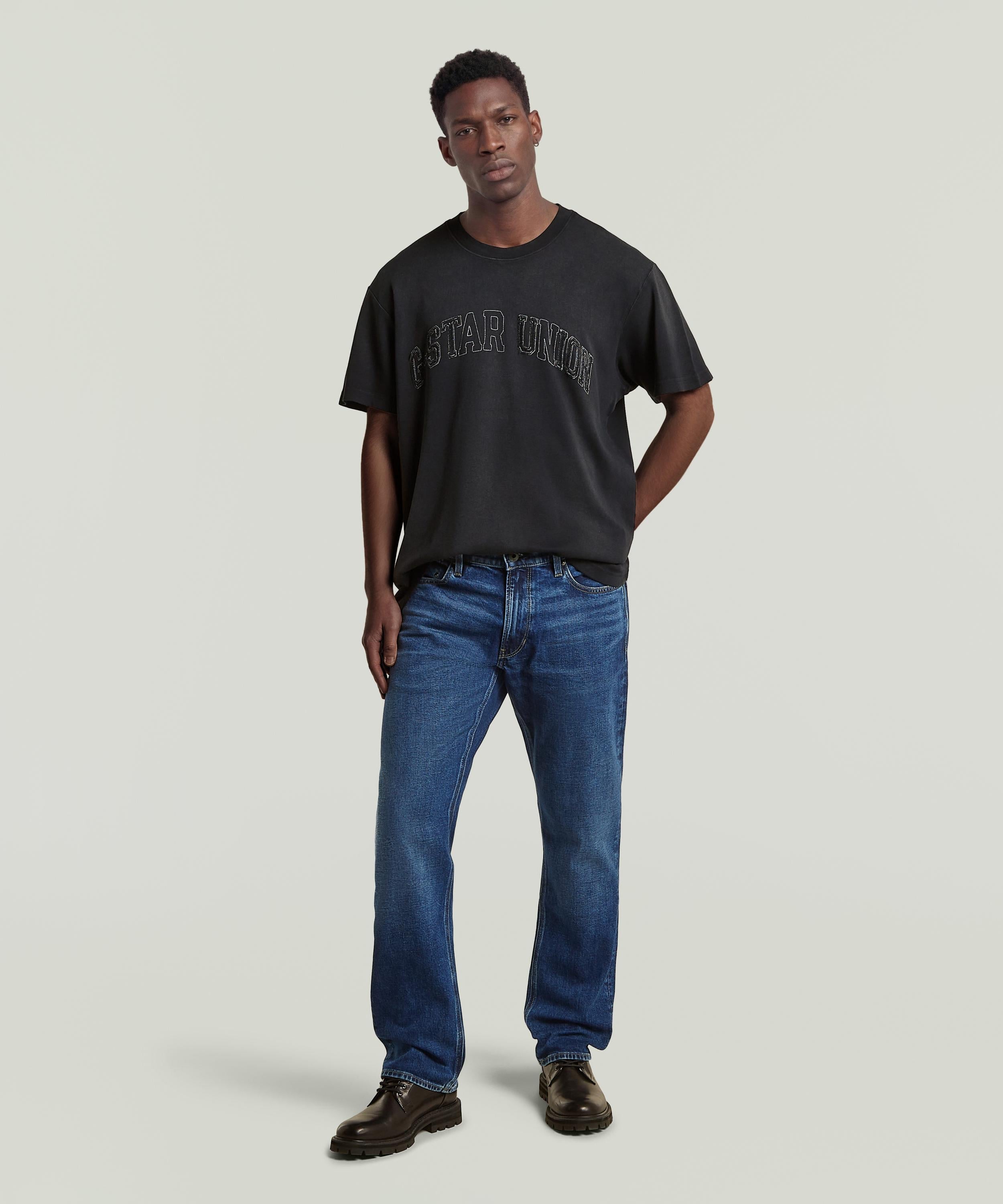 【公式ショップ】Sunfaded Applique Loose T-Shirt/ヴィンテージライクサンフェード加工アップリケロゴルーズTシャツ ジースターロゥ トップス カットソー・Tシャツ ブラック