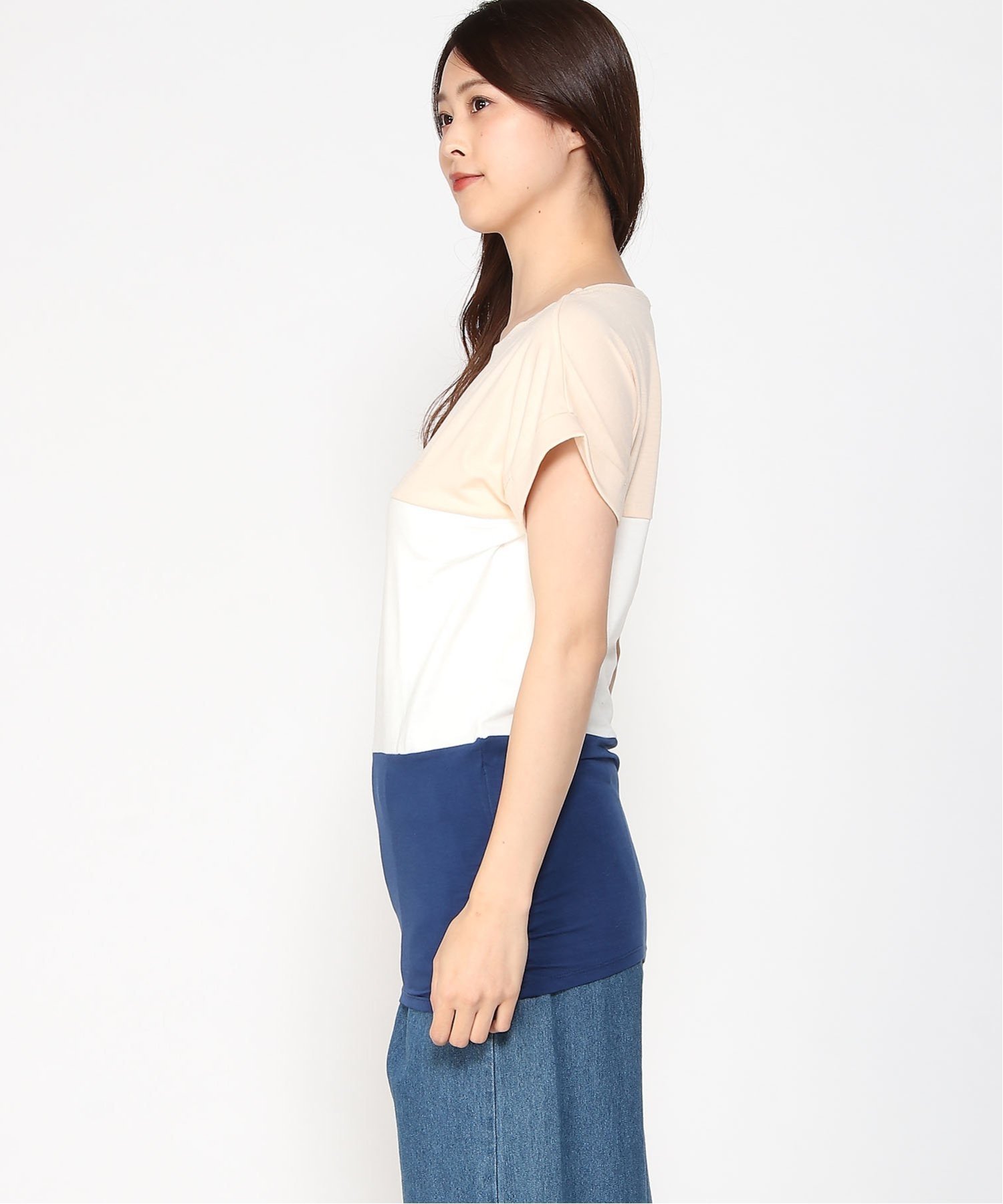 (W)7 3ハイショクキリカエチュニックOP ベーセーストック トップス カットソー・Tシャツ ネイビー