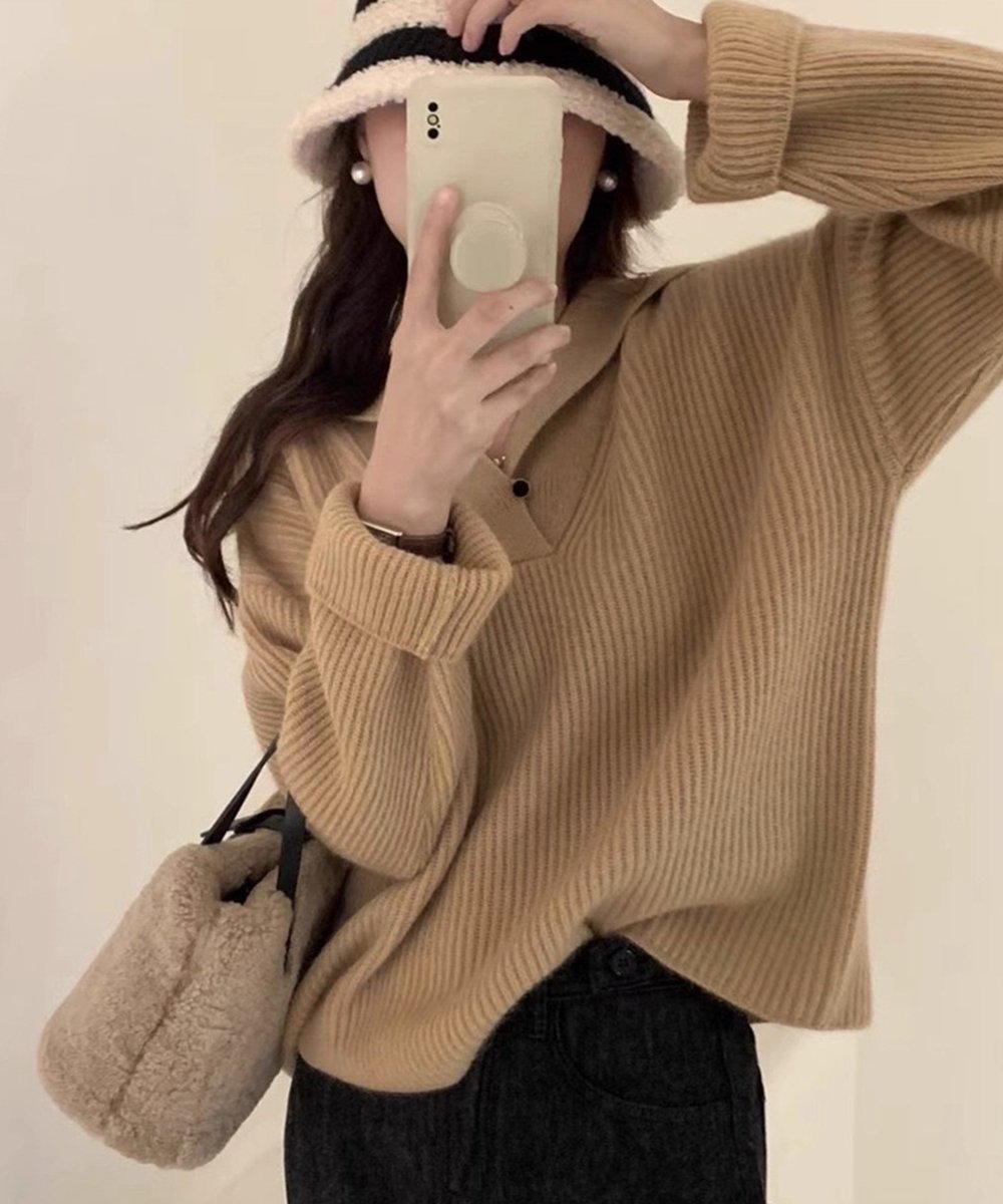 miniministore ポロ襟ニットセーター レディース 韓国風 ミニミニストア トップス ニット ピンク グレー グリーン ホワイト ベージュ