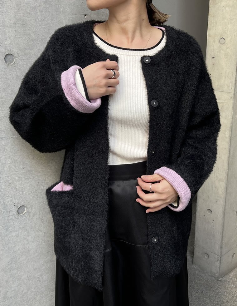 Re:EDIT ラメ配色ノーカラーニットコート リエディ ジャケット・アウター ノーカラージャケット ホワイト ブラック イエロー【送料無料】
