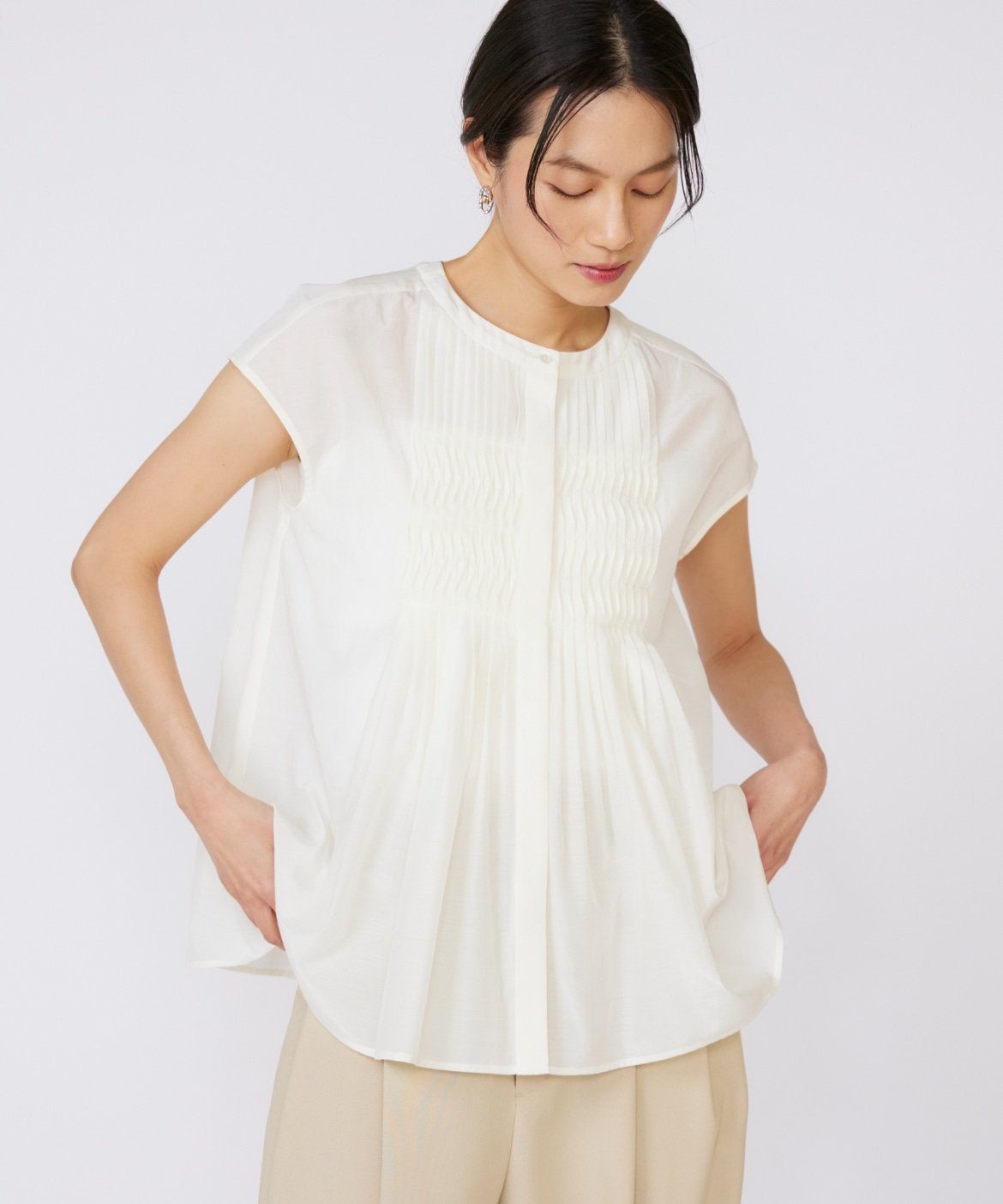 【SALE／55%OFF】INED フロントピンタックブラウス イネド トップス シャツ・ブラウス ホワイト イエロー【送料無料】のサムネイル