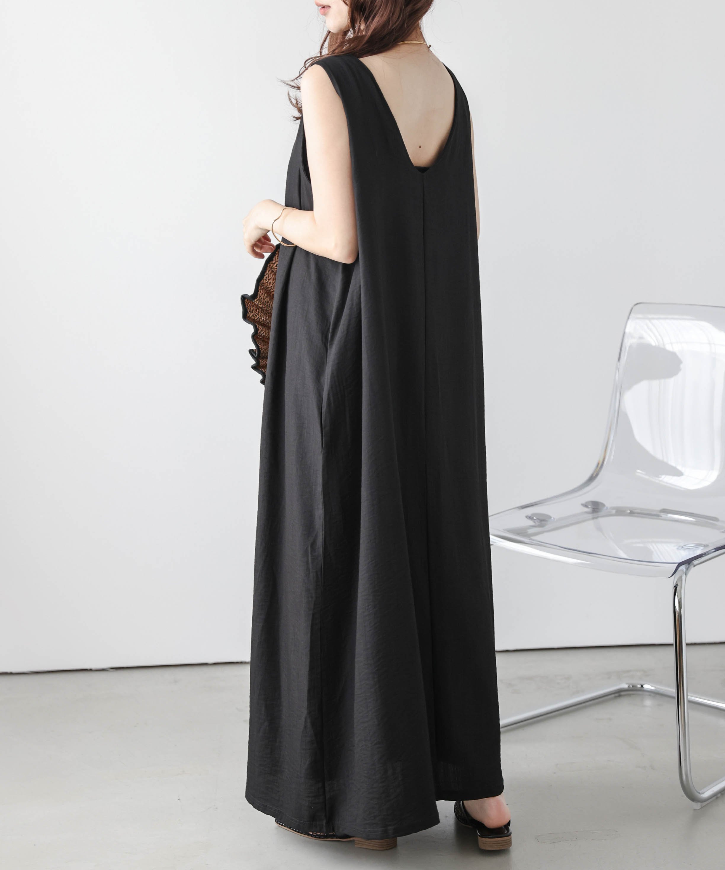 La-gemme 前後2Way リネンライク フレアワンピース ラジュール ワンピース・ドレス ワンピース グレー ベージュ ブラック