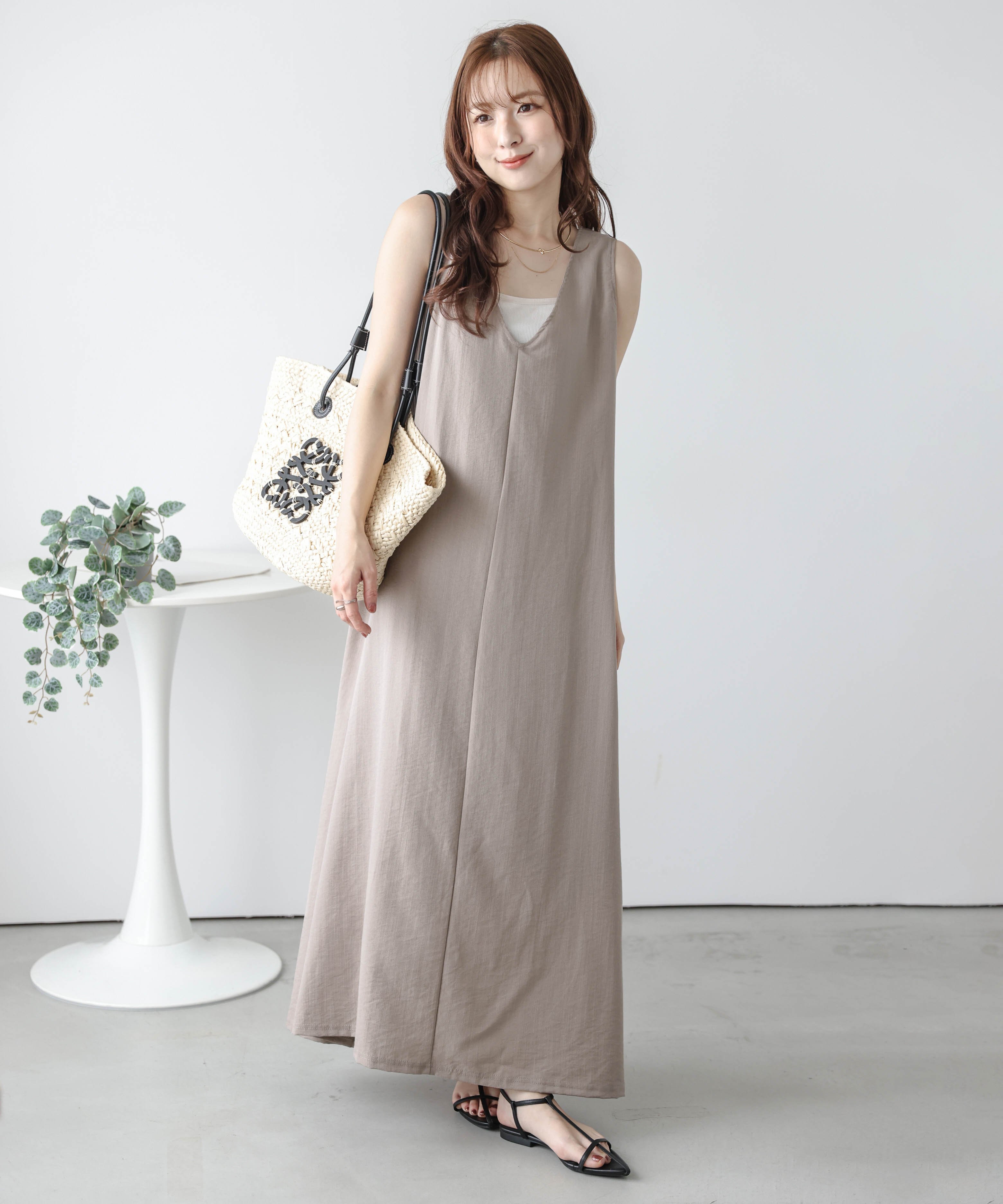 【SALE／37%OFF】La-gemme 前後2Way リネンライク フレアワンピース ラジュール ワンピース・ドレス ワンピース グレー ベージュ ブラック【送料無料】