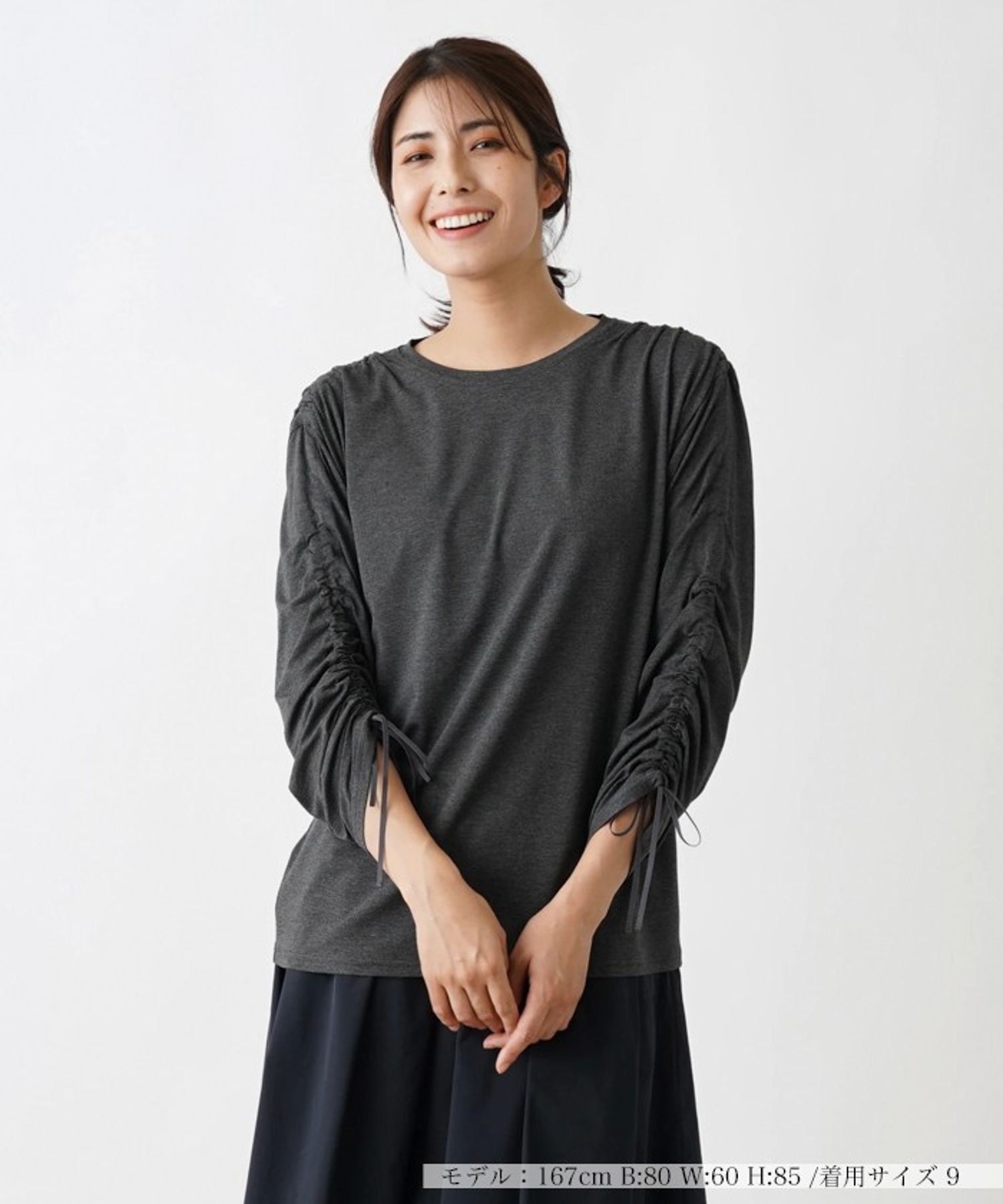 Leilian シャーリングスリーブカットソー レリアン トップス カットソー・Tシャツ ブラック ブラウン グレー ベージュ