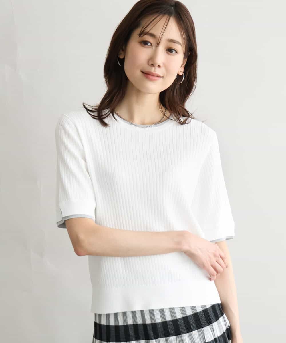 MK MICHEL KLEIN [UVカット/洗える]ワイドリブ配色デザインニット エムケーミッシェルクラン トップス ニット ブラウン ホワイト