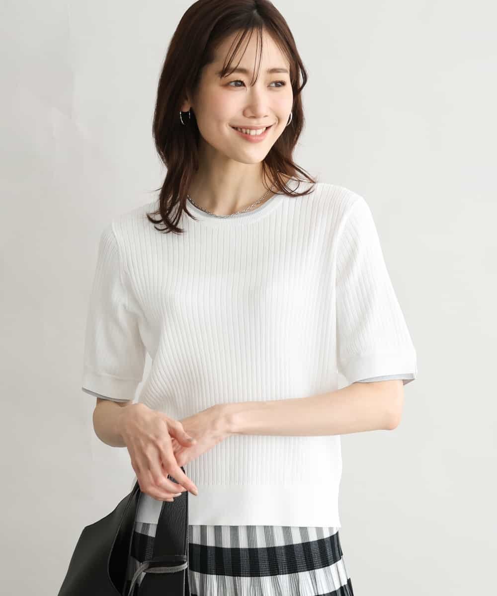 MK MICHEL KLEIN [UVカット/洗える]ワイドリブ配色デザインニット エムケーミッシェルクラン トップス ニット ブラウン ホワイト