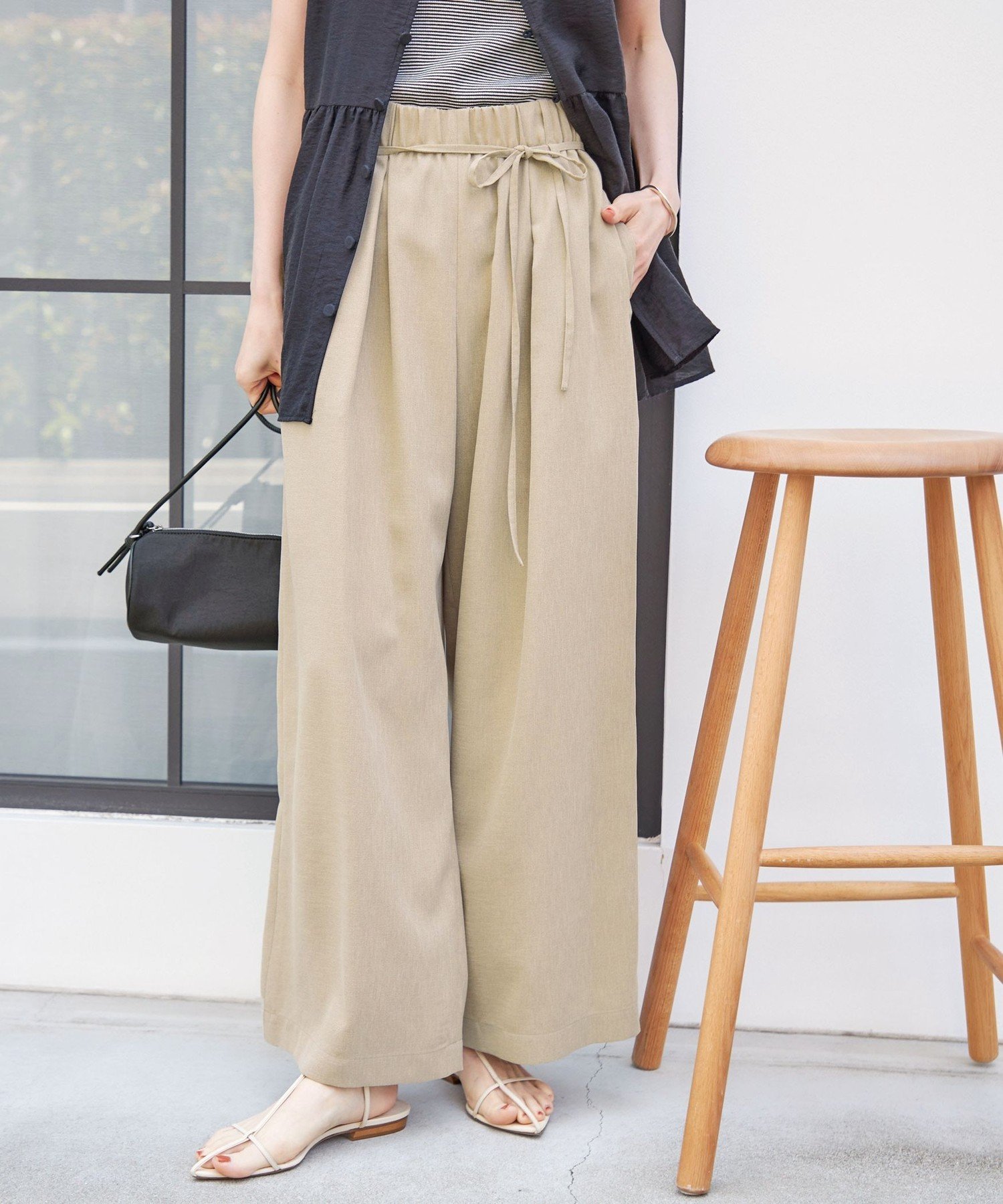 【SALE／30%OFF】SHIPS WOMEN ＜接触冷感/防シワ/洗濯機可能＞麻調 ウエスト リボン インタック イージー パンツ シップス パンツ その他のパンツ ベージュ ブラウン ブラック グレー【送料無料】