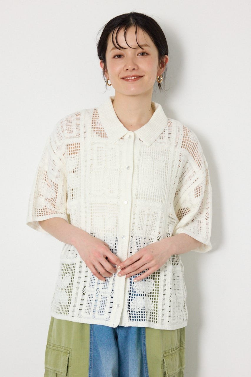 【SALE／30%OFF】RODEO CROWNS WIDE BOWL スクエアクロシェニットシャツ ロデオクラウンズワイドボウル トップス カーディガン ホワイト ブラック【送料無料】