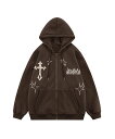 【SALE/15%OFF】HOOK 【HOOK】クロスと炎刺繍ジップパーカー アイモハ トップス パーカー・フーディー ネイビー ブラウン ブラック ベージュ【...