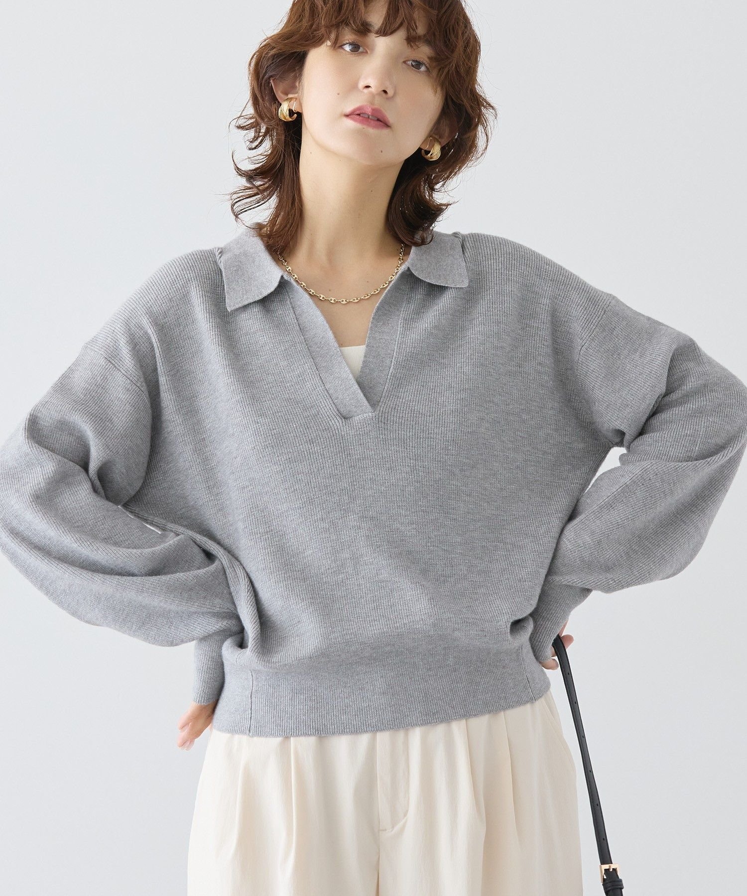 AMERICAN HOLIC バイパチ片畦衿付きニットプルオーバー アメリカンホリック トップス ニット ネイビー グレーのサムネイル