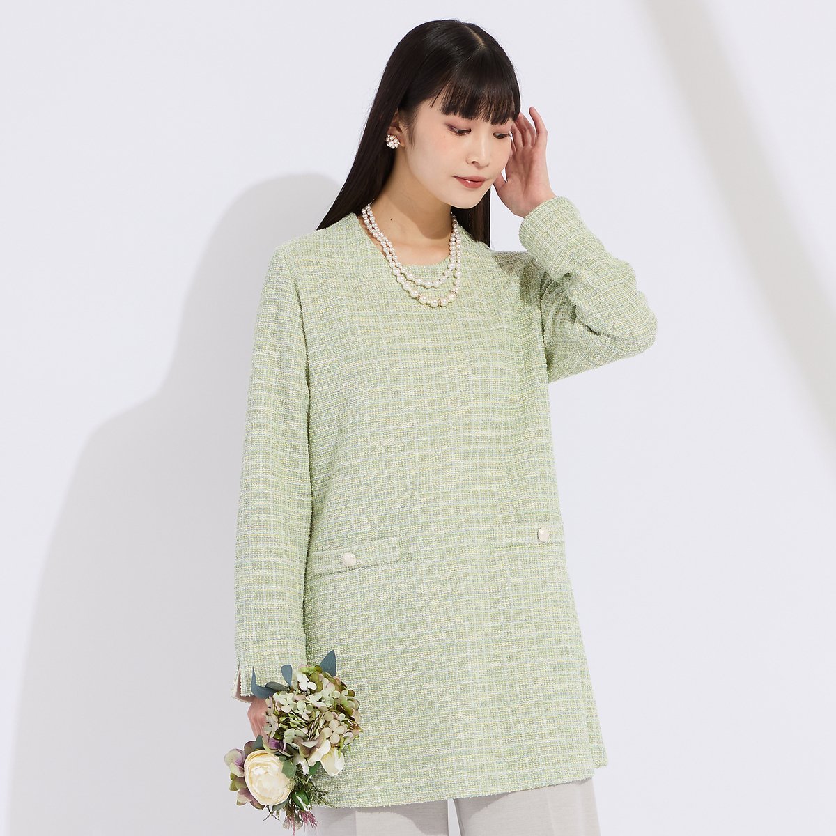 Liliane Burty 【M~4L】イタリア製素材ラメニットツイードチュニック リリアンビューティ トップス カットソー・Tシャツ グレー グリーン