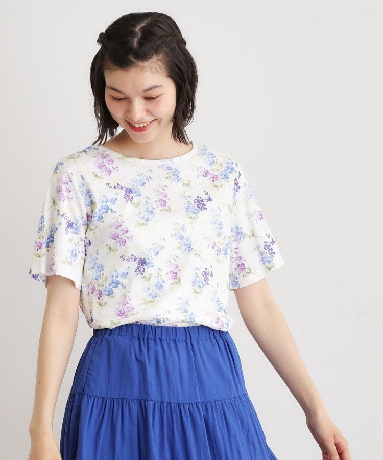 LAURA ASHLEY 【UVカット/接触冷感】ポリー柄 コットンジャージーTシャツ ローラ アシュレイ トップス カットソー・Tシャツ ホワイト ネイビー