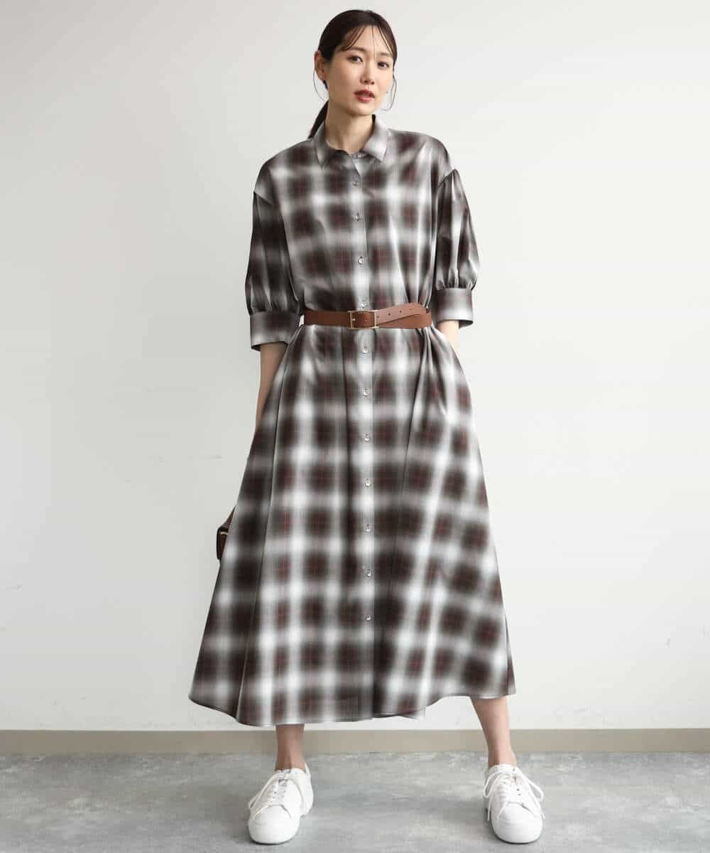 MK MICHEL KLEIN [洗える]オンブレチェック柄シャツワンピース エムケーミッシェルクラン ワンピース・ドレス ワンピース ネイビー ブラウン