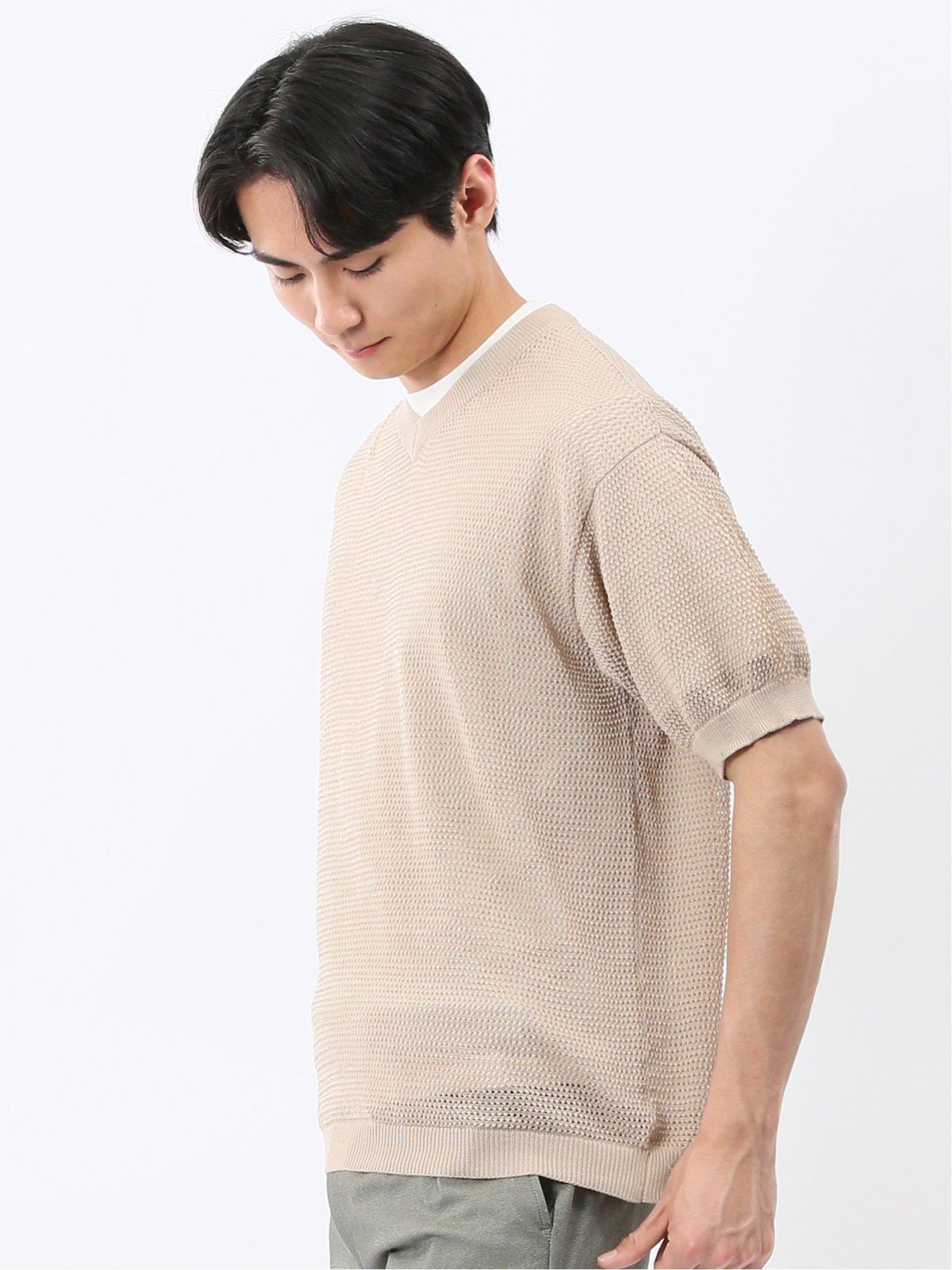 【SALE／10%OFF】TAKA-Q 透かし編み Vネック プルオーバー & 半袖 Tシャツ アンサンブル タカキュー トップス アンサンブル ベージュ【送料無料】