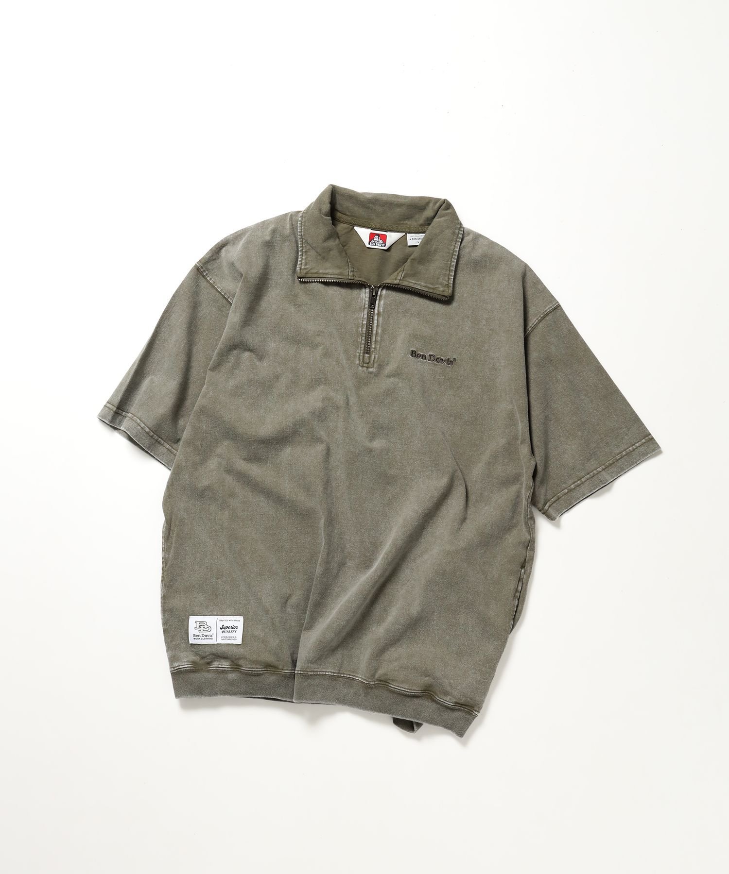 BEN DAVIS / WHITE LABEL 【BEN DAVIS(ベンデイビス)】VNTG 1/4 TOP / ハーフジップ 半袖 加工 ワンポイント 刺繍 シンプル ナバル トップス カットソー・Tシャツ カーキグリーン ブラック ピンク【送料無料】