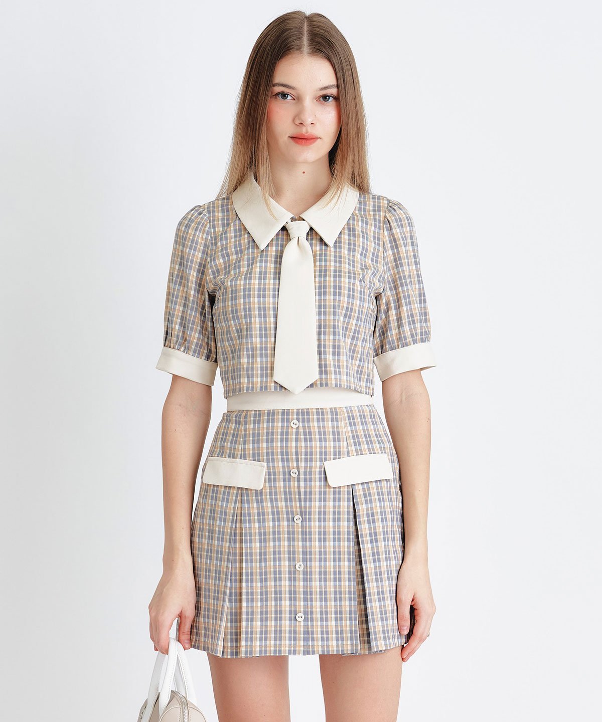 【SALE／40%OFF】REDYAZEL プレッピーネクタイチェックブラウス*プリーツミニスカートセットアップ レディアゼル ワンピース・ドレス その他のワンピース・ドレス ベージュ【送料無料】