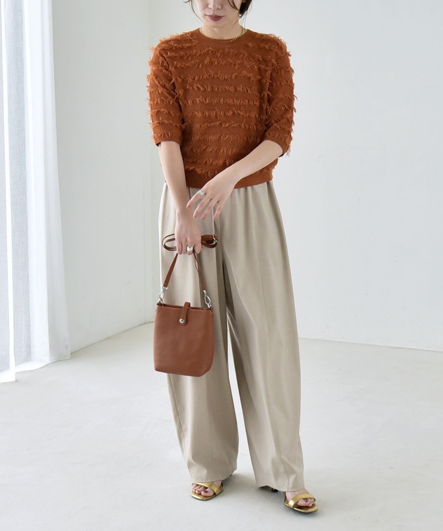 quaranciel 《予約》quaranciel:＜手洗い可能＞フリンジ ハーフスリーブ ニット プルオーバー シップス トップス ニット ブラウン ネイビー