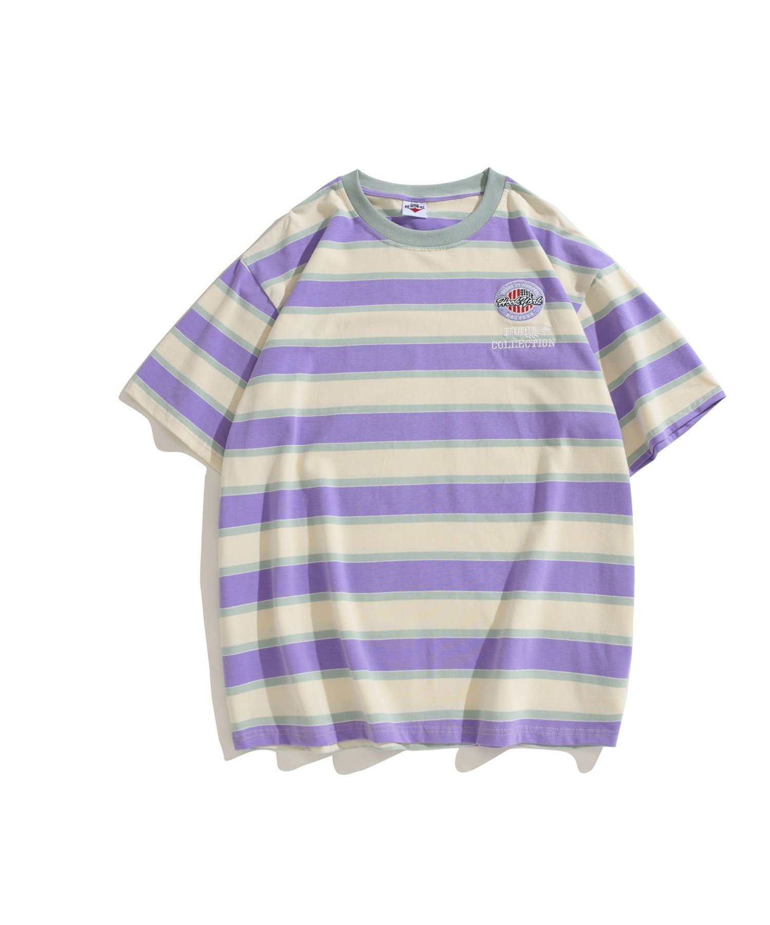 HOOK HOOK -original-/ワッペン刺繍入り配色ボーダー半袖TEE アイモハ トップス カットソー・Tシャツ ブルー パープル ピンク イエロー グリーン