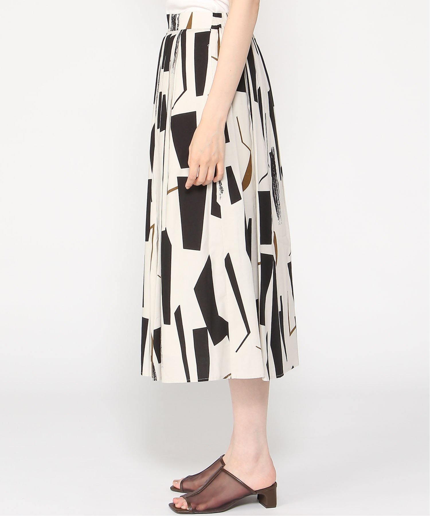 【SALE／30%OFF】Doubleface Tokyo アフリカン柄タックミモレ丈スカート ダブルフェーストーキョー スカート ロング・マキシスカート ブラック ホワイト【送料無料】