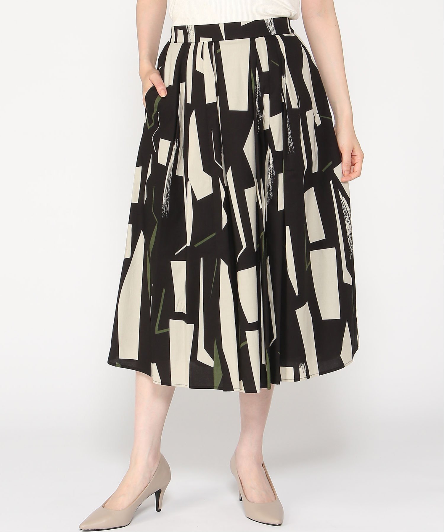 【SALE／30%OFF】Doubleface Tokyo アフリカン柄タックミモレ丈スカート ダブルフェーストーキョー スカート ロング・マキシスカート ブラック ホワイト【送料無料】