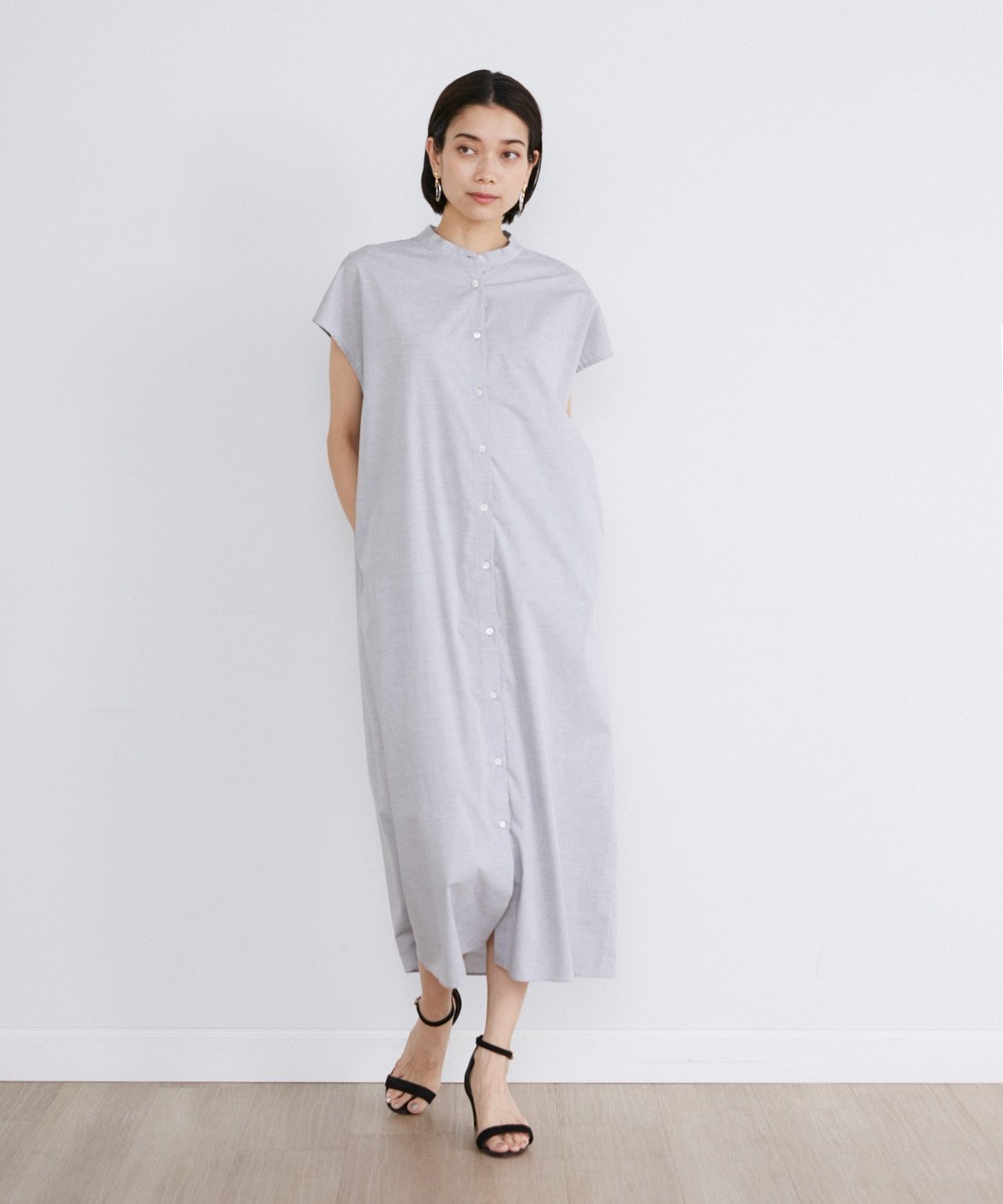 【SALE／49%OFF】INED コットンタイプライターフレンチスリーブワンピース イネド ワンピース・ドレス シャツワンピース グレー ネイビー ブルー【送料無料】