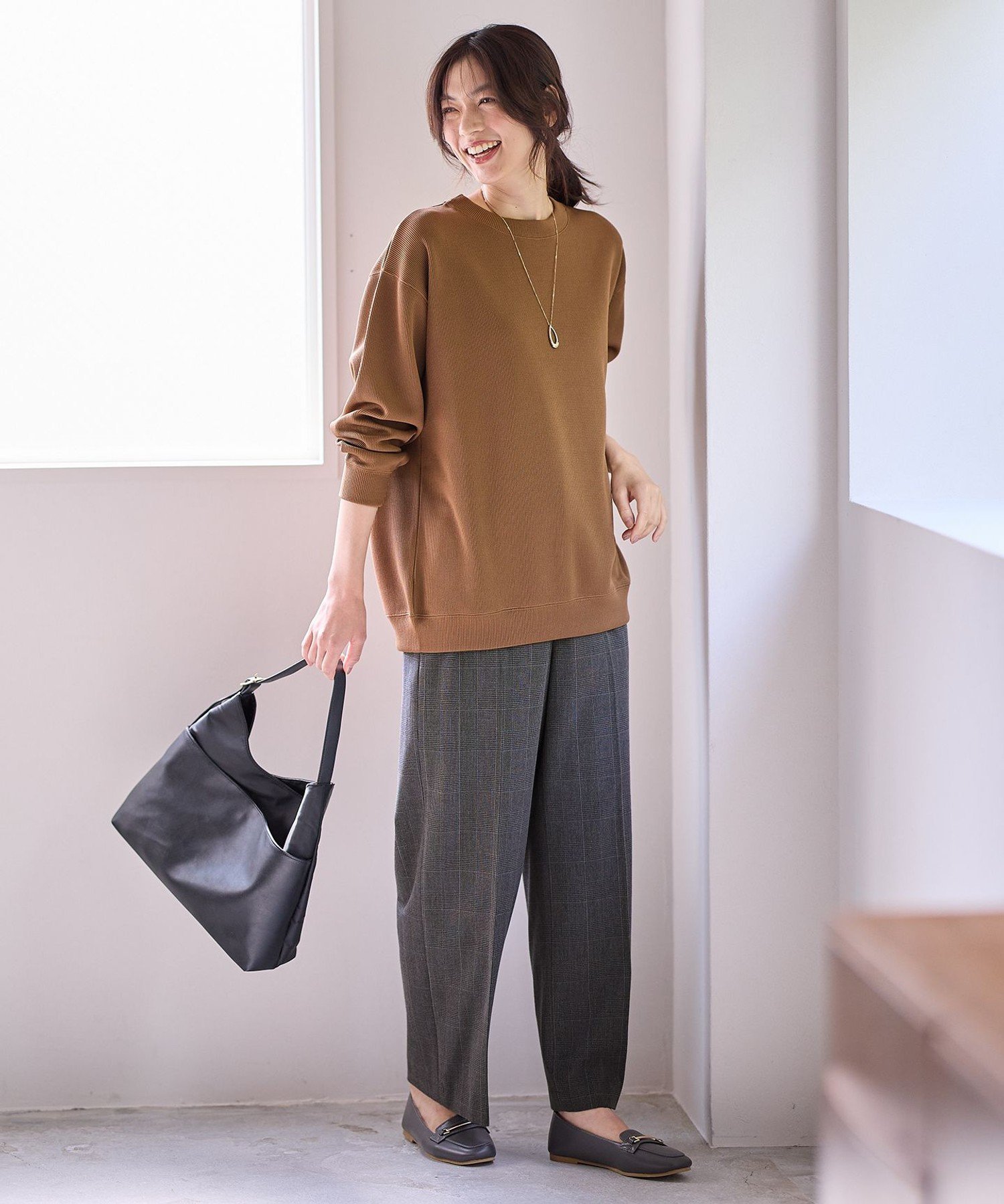 【ストレッチ/ウエストゴム/裏起毛】マルチファンクションストレッチチェックワイドパンツ エニィ パンツ その他のパンツ ブラウン グレー