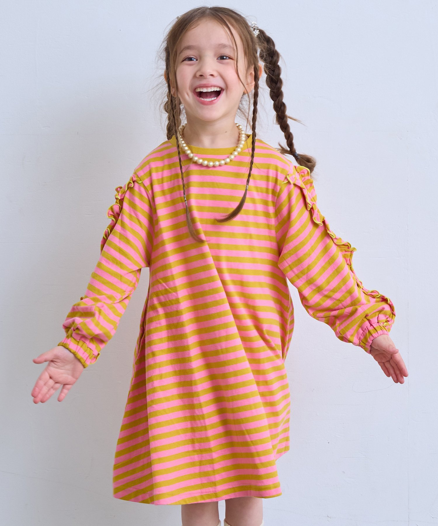 【SALE/39% OFF】MARKEY'S Frill Sleeve Border Dress Markey's Dresses & Gowns Dress Yellow Black Red