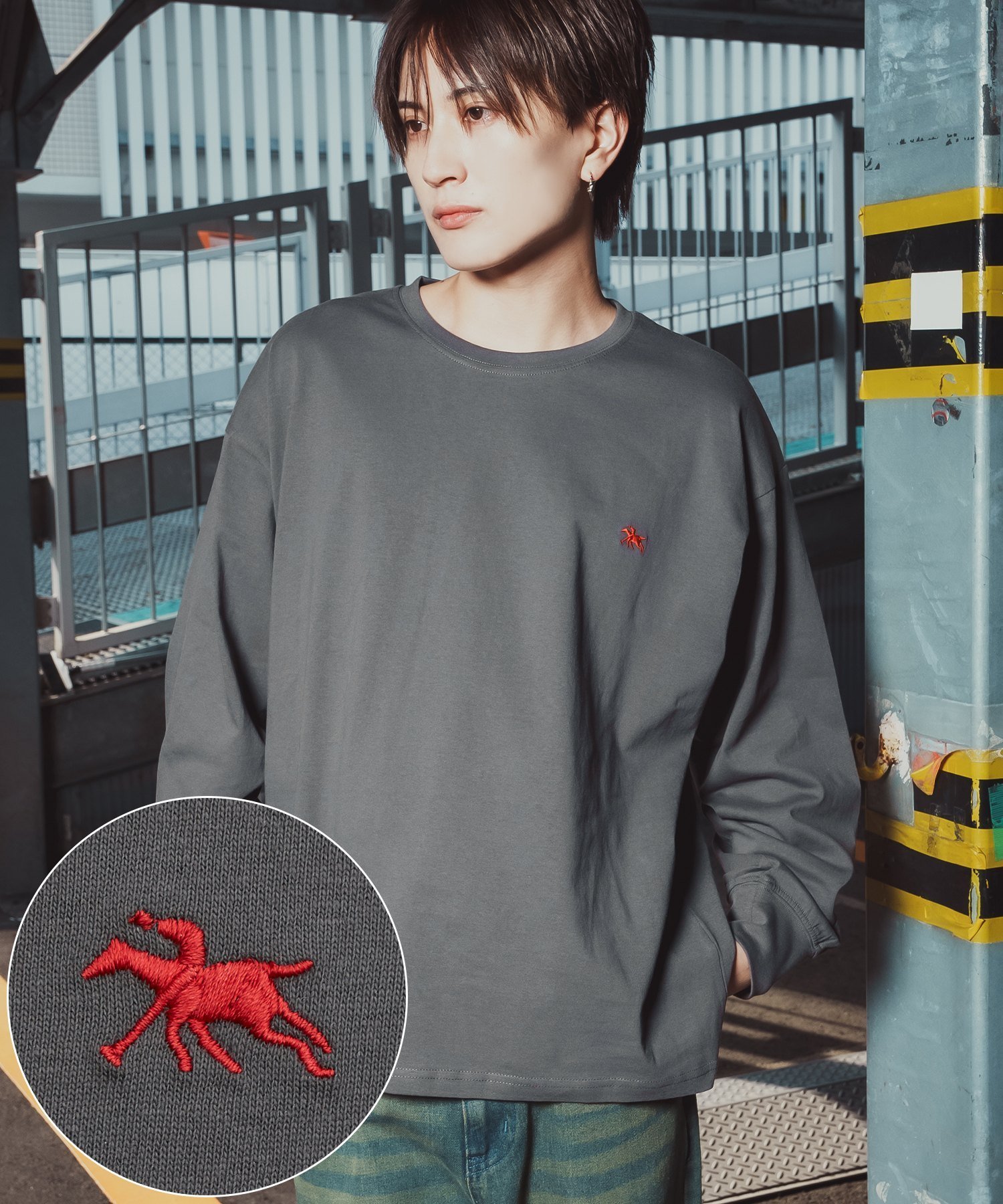 improves POLOCHAMPS ワンポイント刺繍 クルーネック ロングスリーブTシャツ インプローブス トップス カットソー・Tシャツ グレー ブラック ホワイト ネイビー