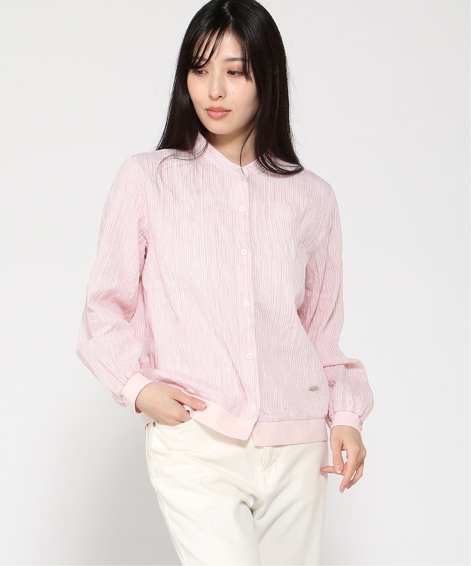 CROCODILE CODE CROCODILE CODE/(W)シャーリング ノーカラー ブラウス クロコダイル トップス シャツ・ブラウス ピンク ベージュ【送料無料】