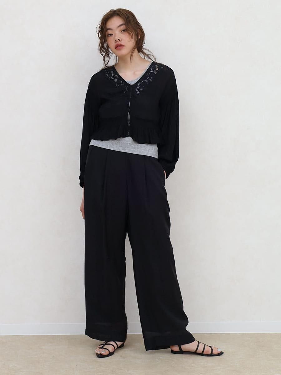 FIKA. Sheer tucked wide pants ラシュッド パンツ その他のパンツ ブラック ブラウン【送料無料】