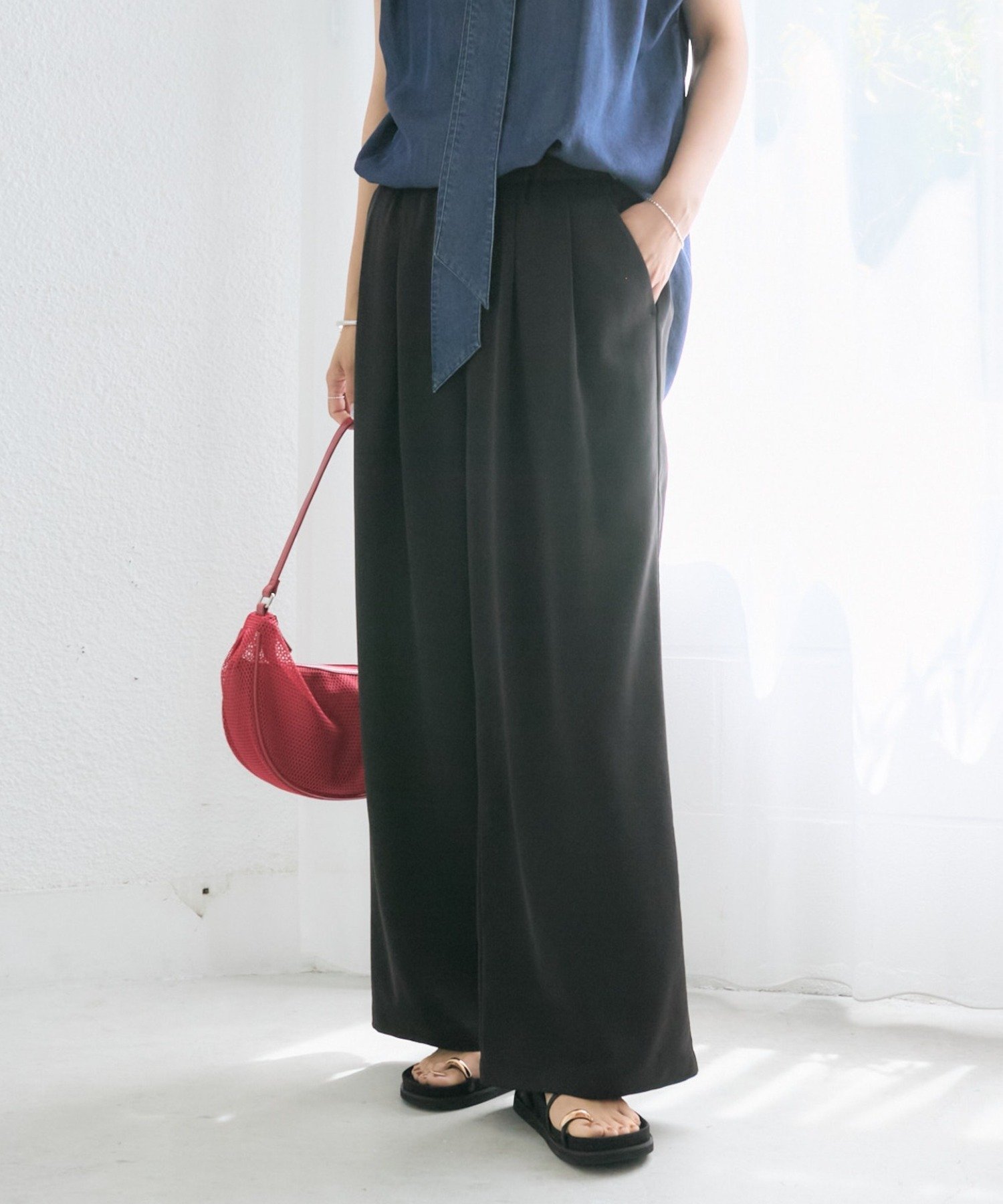 RIVE DROITE 【A・MONN】【セットアップ着用可能/接触冷感】suttoワイドパンツ リヴドロワ パンツ その他のパンツ ブラック ネイビー